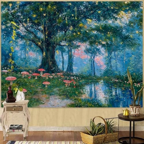 Haibimen Monet Nature Forest Tapestry Wall Hanging Green Tree Mushroom Landscape Tapestries for Bedroom Watercolor Aesthetic Wallpaper Decor for Living Room (forest-1, 48''×36'')