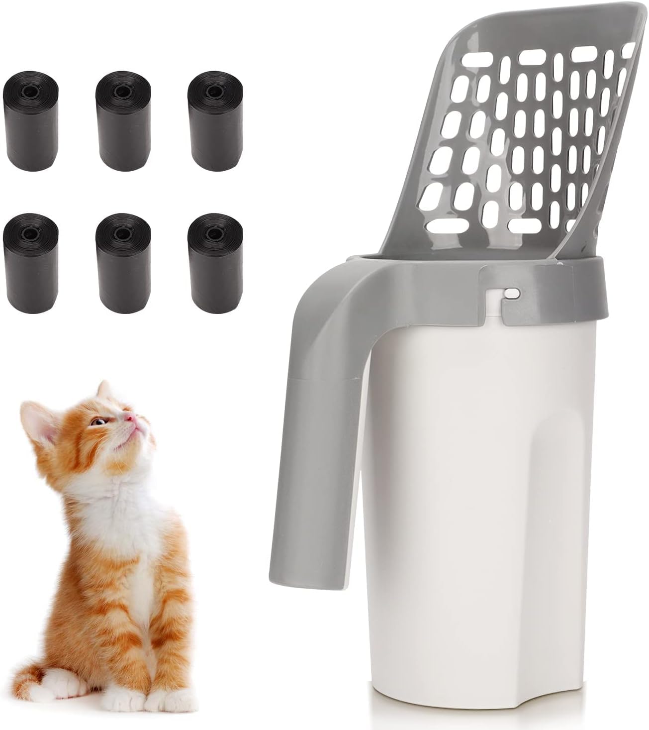 Pilipane Cat Litter Scooper with Holder, Cat Litter Shovel with Waste Can and 6 Rolls Waste Bags, Large Capacity All-in-One Litter Disposal System, Scooper Portable Shovel
