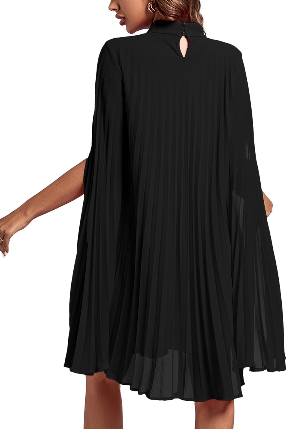 Rooscier Women's Mock Neck Cloak Sleeve Pleated Keyhole Back Flowy Party Midi Dress - Image 2