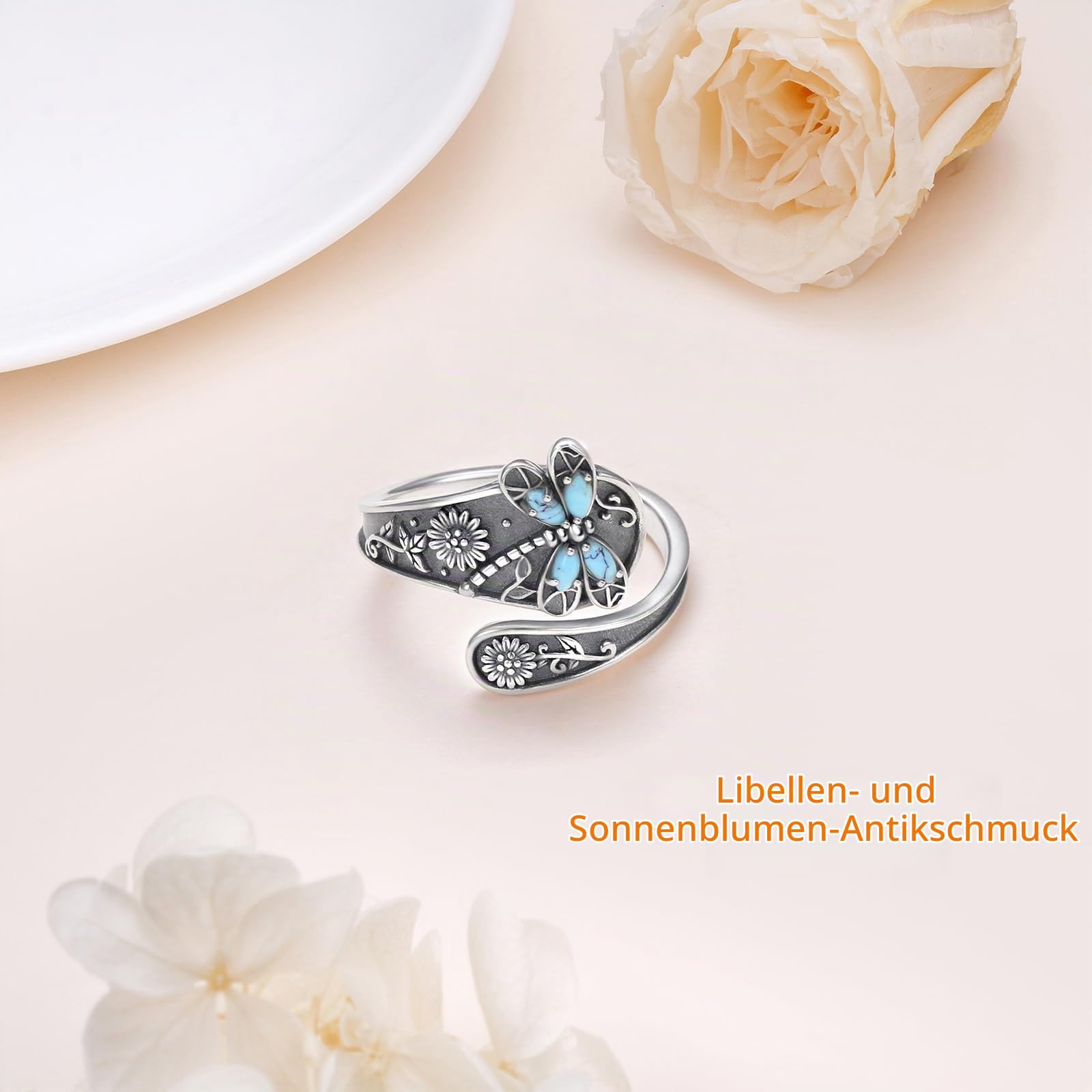 Verstellbarer Ring mit Libellen-/Lotus-/Kolibri-/Kreuzmotiv für Frauen und Mädchen 925 Sterlingsilber antike Blumen-Löffelringe oxidiert inspirierender Bandschmuck