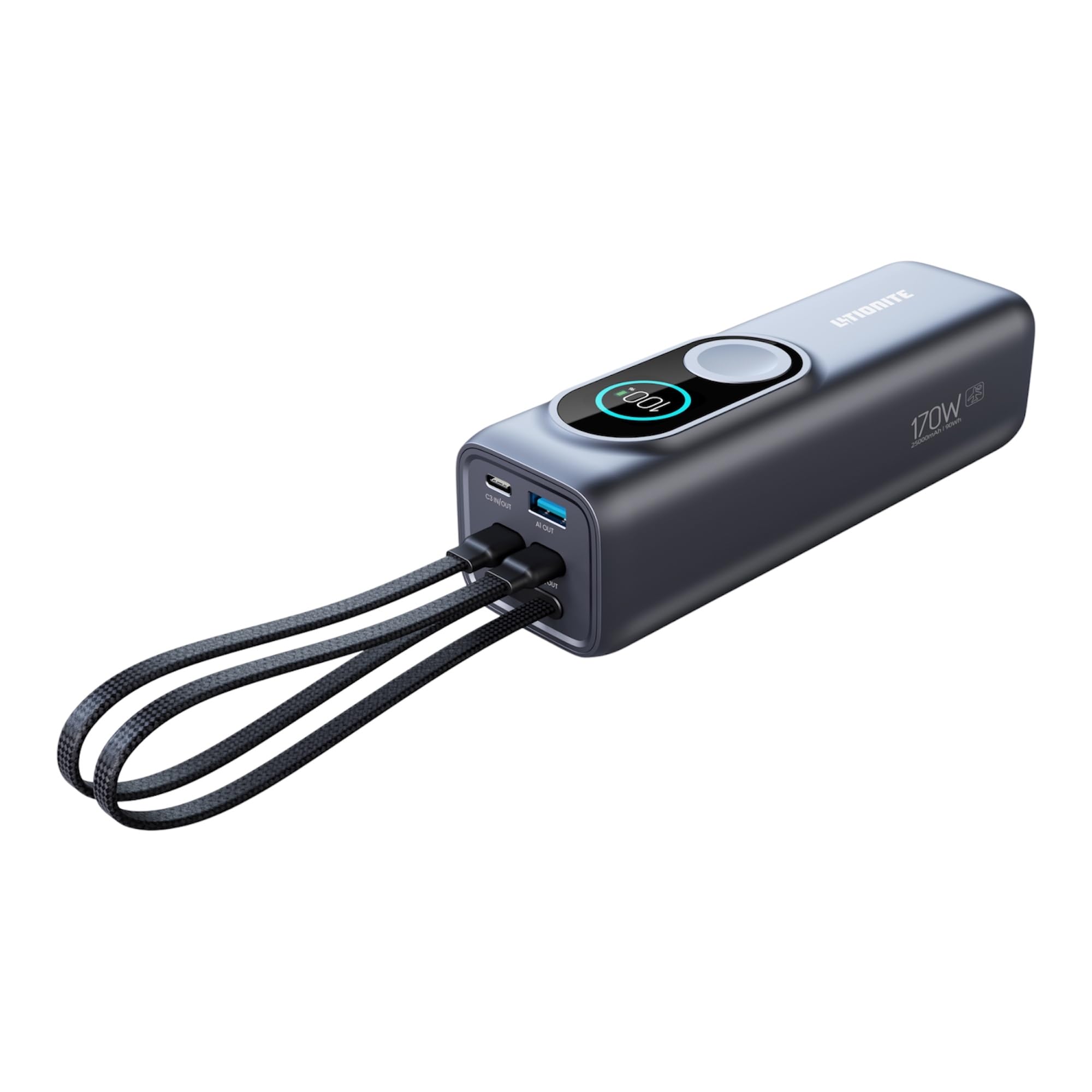 LITIONITE Numo Batterie Externe 25000 mAh 170W, 2 Câbles USB-C Intégrés 100W, Recharge Magnétique Compatible Apple Watch, Power Bank pour PC Portable, MacBook, iPhone, iPad et Nintendo Switch