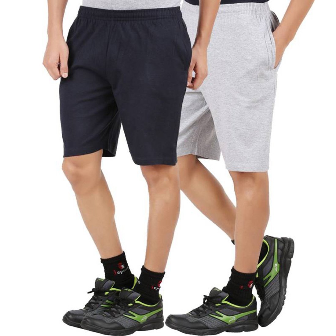 Glampanda Solid Men's Blue and Grey Melange Cotton Bermuda Shorts