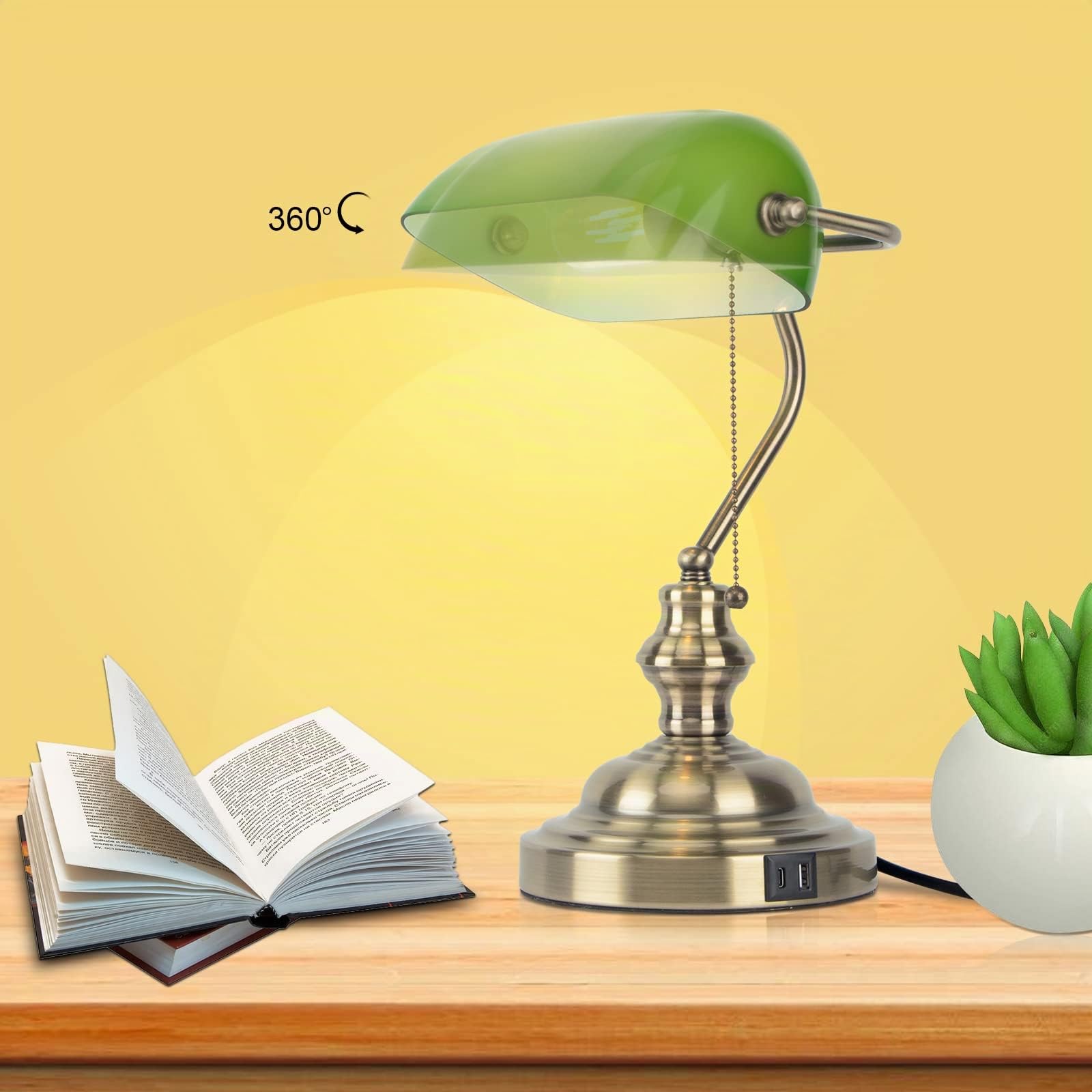 Lampe Banquier Verte Lampe de Bureau Vintage avec Port USB et Interrupteur à Chaîne