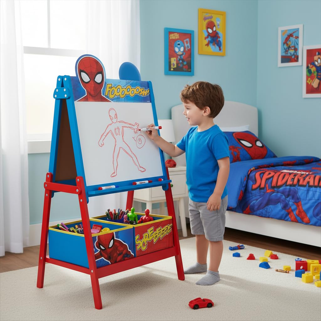 ARDITEX - Pizarra infantil de Marvel Spiderman con doble superficie para uso de tiza y rotulador y 2 contenedores textiles para almacenaje - 54x45x117cm - Contenedores de 24x30x15cm - Rojo y azul