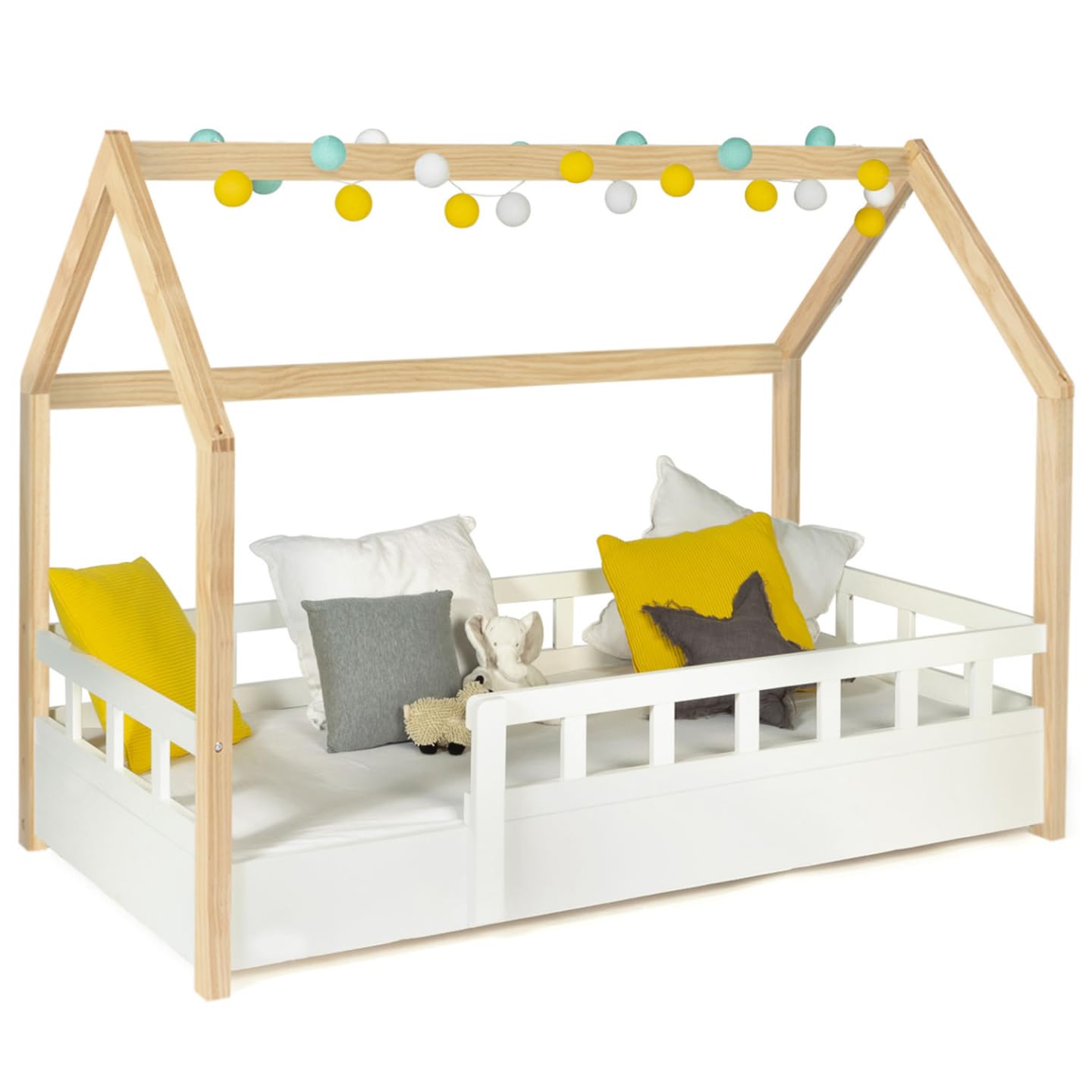 IDMarket - Lit cabane Enfant 80 x 160 CM NEREE Blanc et hêtre avec sommier et barrières