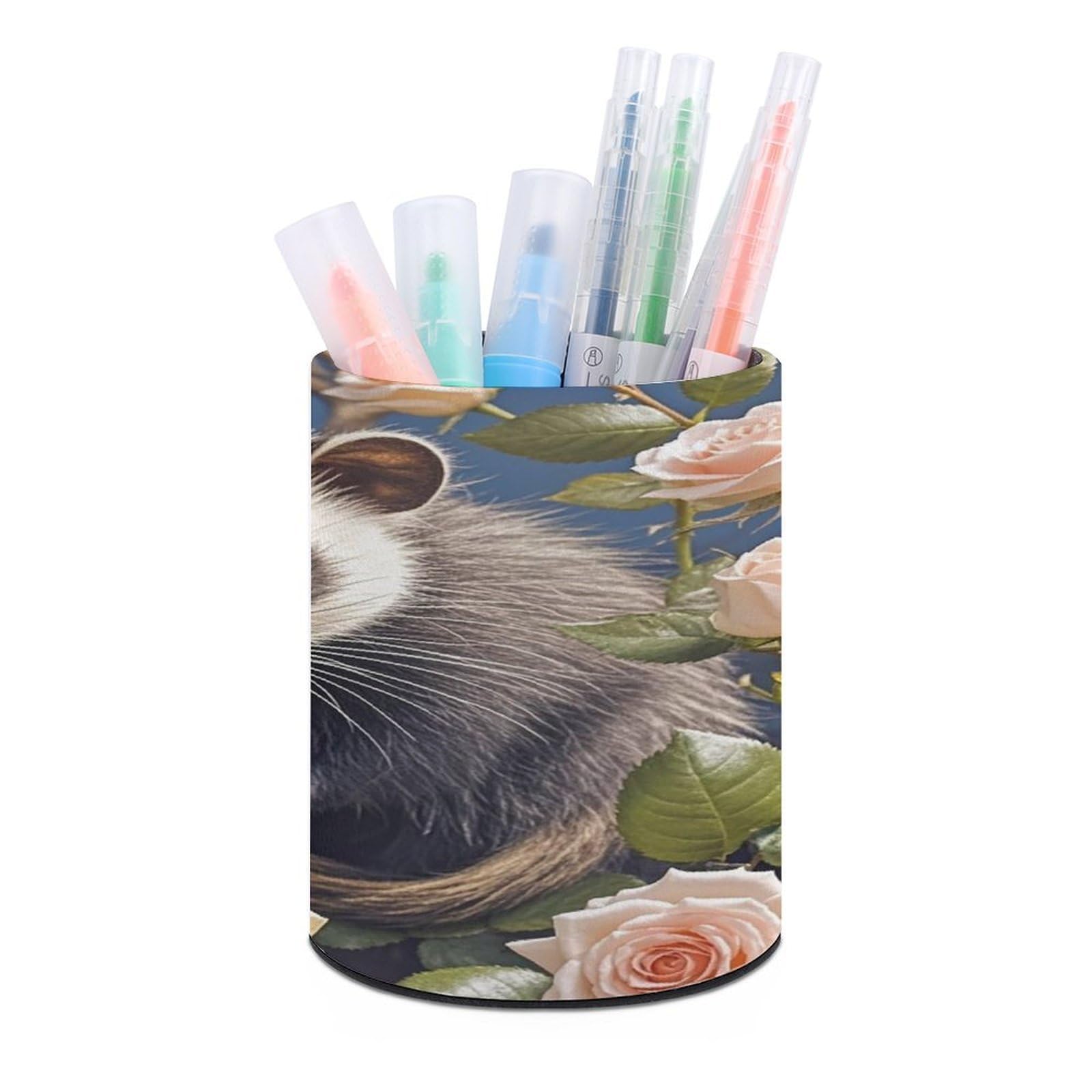FekiLoot Round Opossum And Roses Pen Holder for Desk PU Leather Waterproof Pencil Cup Stand Minimalist Makeup Brush Storage Organizer Desktop Stationery Container Accessorires
