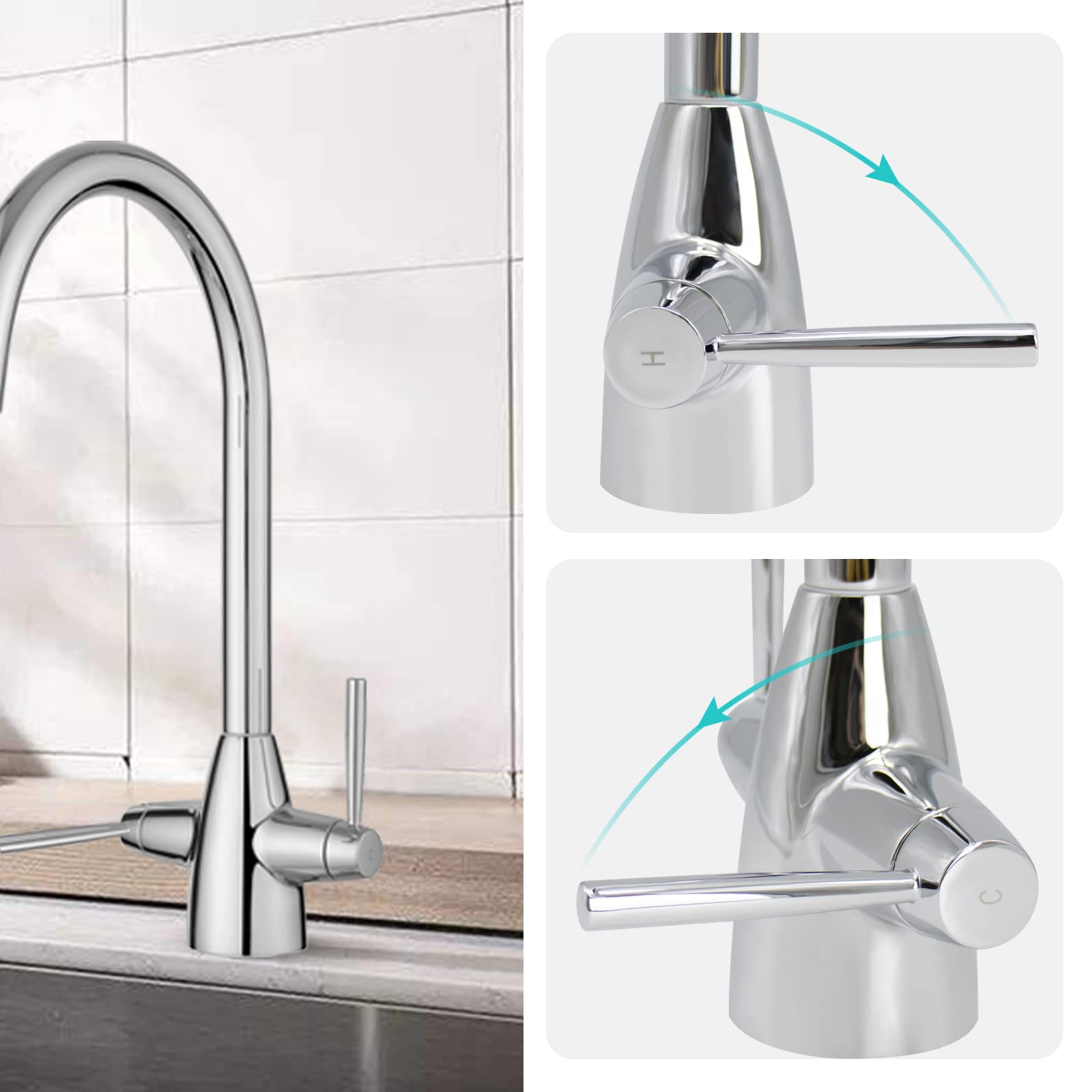 JASSFERRY Robinet mitigeur d'évier de cuisine double quart de tour avec poignées à levier col de cygne et bec rond pivotant en chrome poli