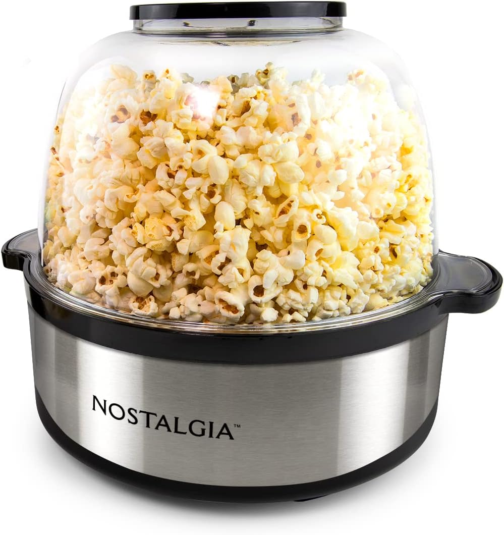 Nostalgia Classic Electric Stirring Popcorn Maker, Makes 24 Cups, Large Lid Doubles as Serving Bowl, Quick Heat Technology, for Kettle Corn and Roasted Nuts, Stainless Steel 24 Cups Stainless Steel