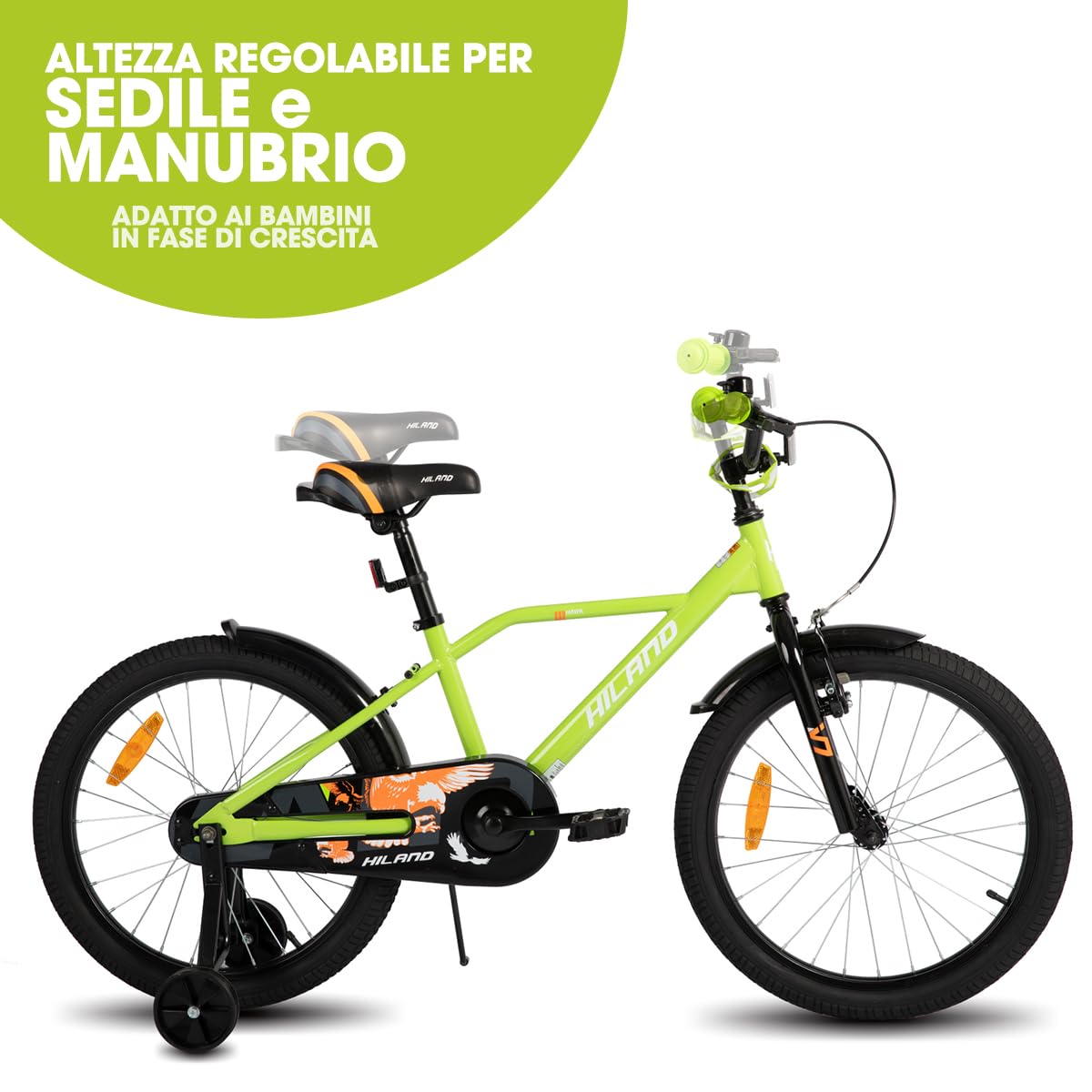 HILAND Hawk Bicicletta Bambino/Bambina 20" 6–10 Anni, Bicicletta per Bambini con Cavalletto e Freno a Mano, Nero & Verde/Blu/Nero & Arancio/Verde