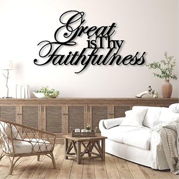 Metal Bible Verses Wall Decor-Great is Thy Faithfulness Metal Scripture Sign, Great is Your Faithfulness Wall Art, Bible Inspirational Saying Quotes Decor, Living Room Office Hanging36"x 20"| 92x52cm, Black