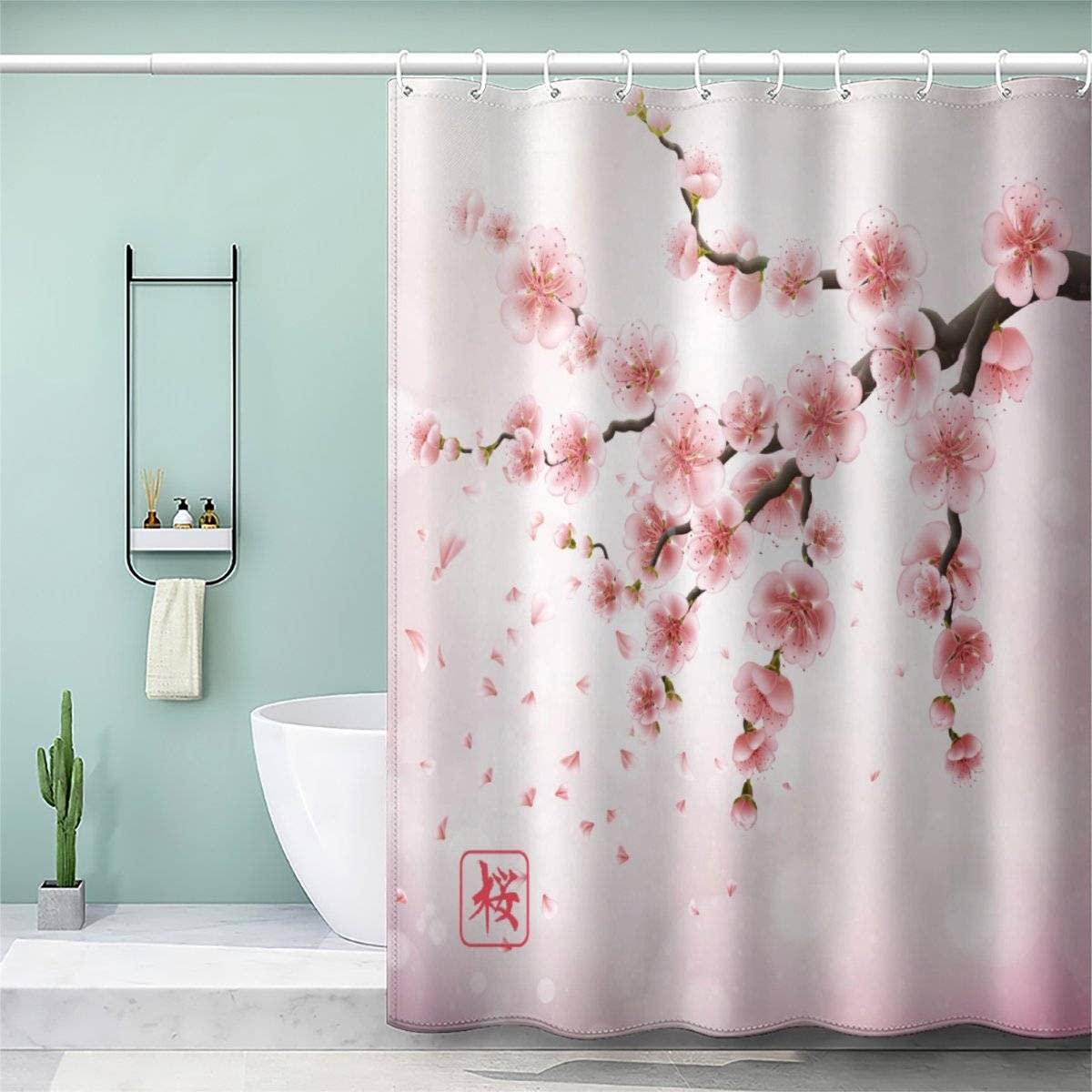 VASENA Flowers Floral Branch Shower Curtain Long 200x220 cm 3D Printed Romantic Pink Shower Curtain Luxury Waterproof Quick Dry Bath Curtains for Shower with Rust Proof Eyelets