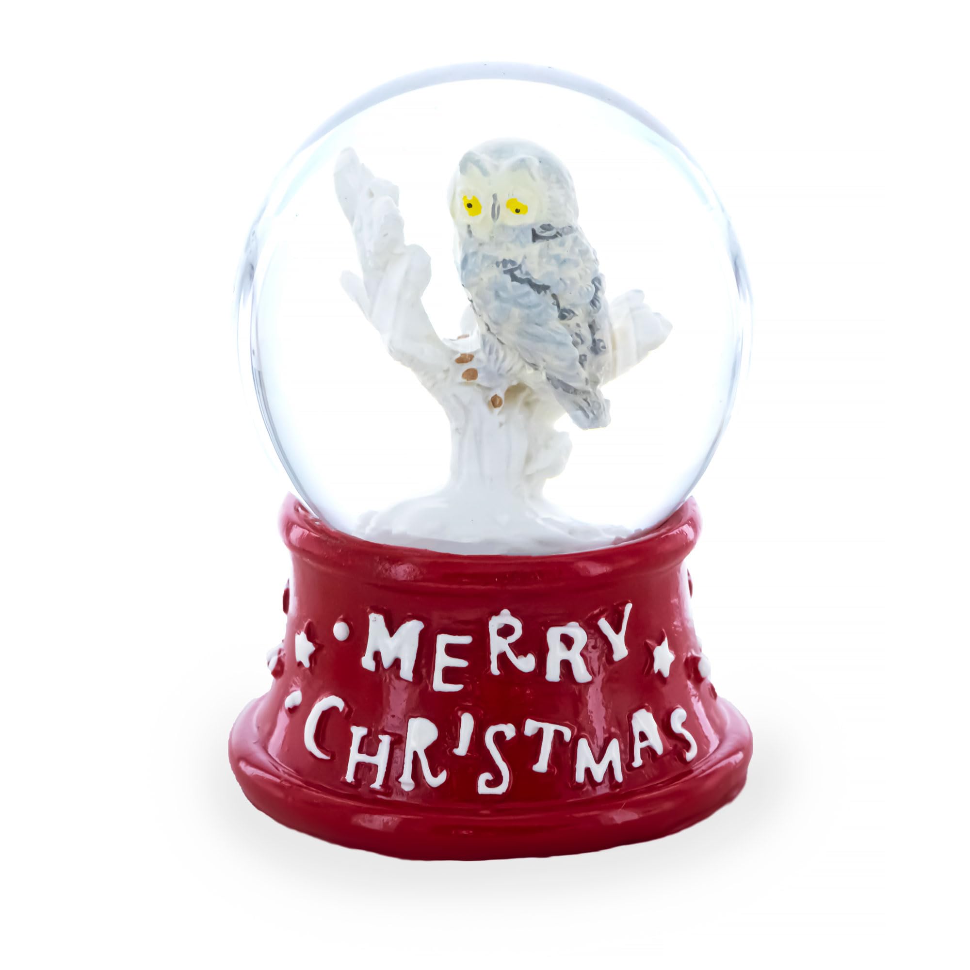 Mini globo de nieve con agua de búho blanco y base roja decorativa