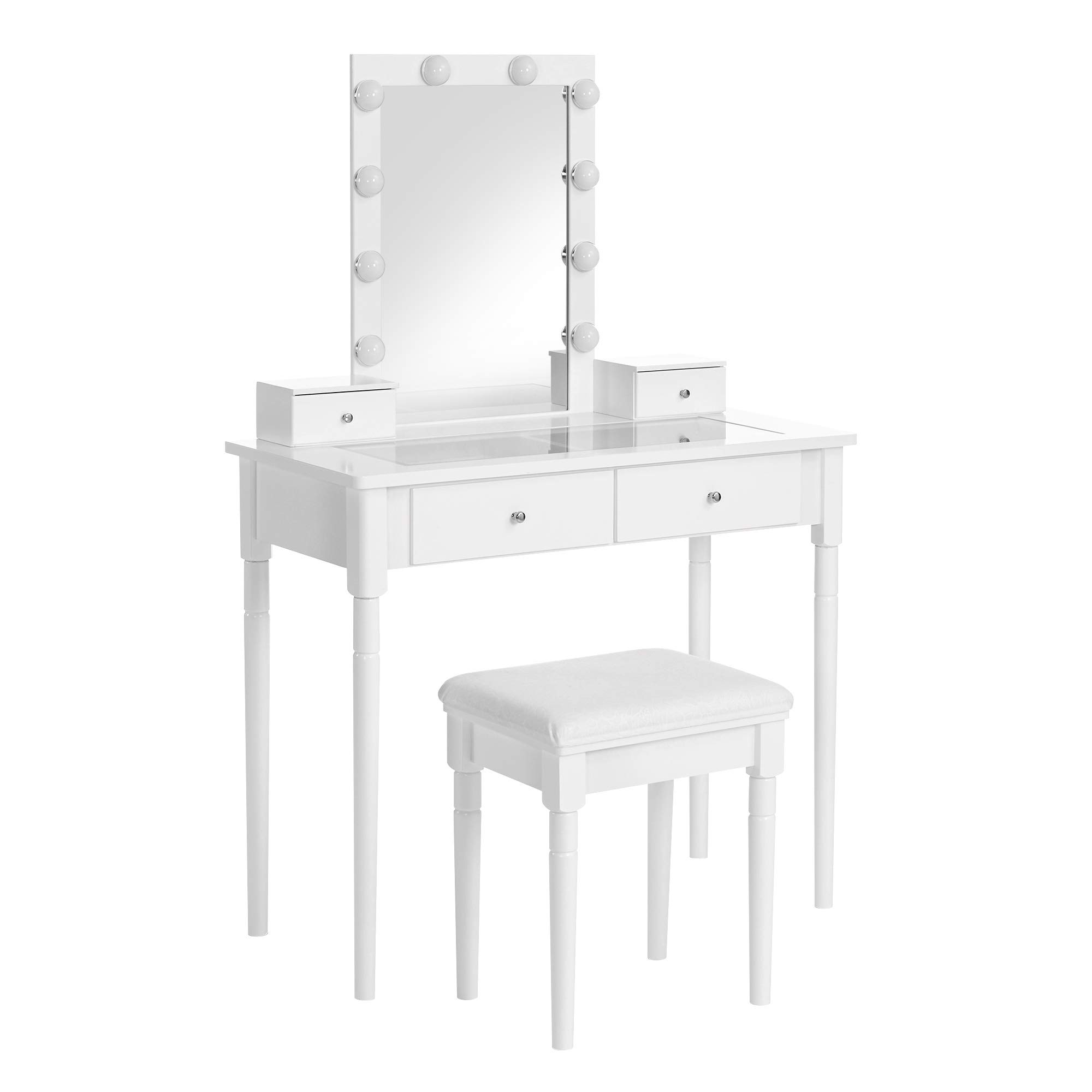 VASAGLE Dressing Table Set, Makeup Table Set with Cushioned Stool, 10 Dimmable Light Bulbs, 2 Large Drawers with Clear Tempered Glass Top and 2 Small Drawers, Gift Idea, White RDT190W01