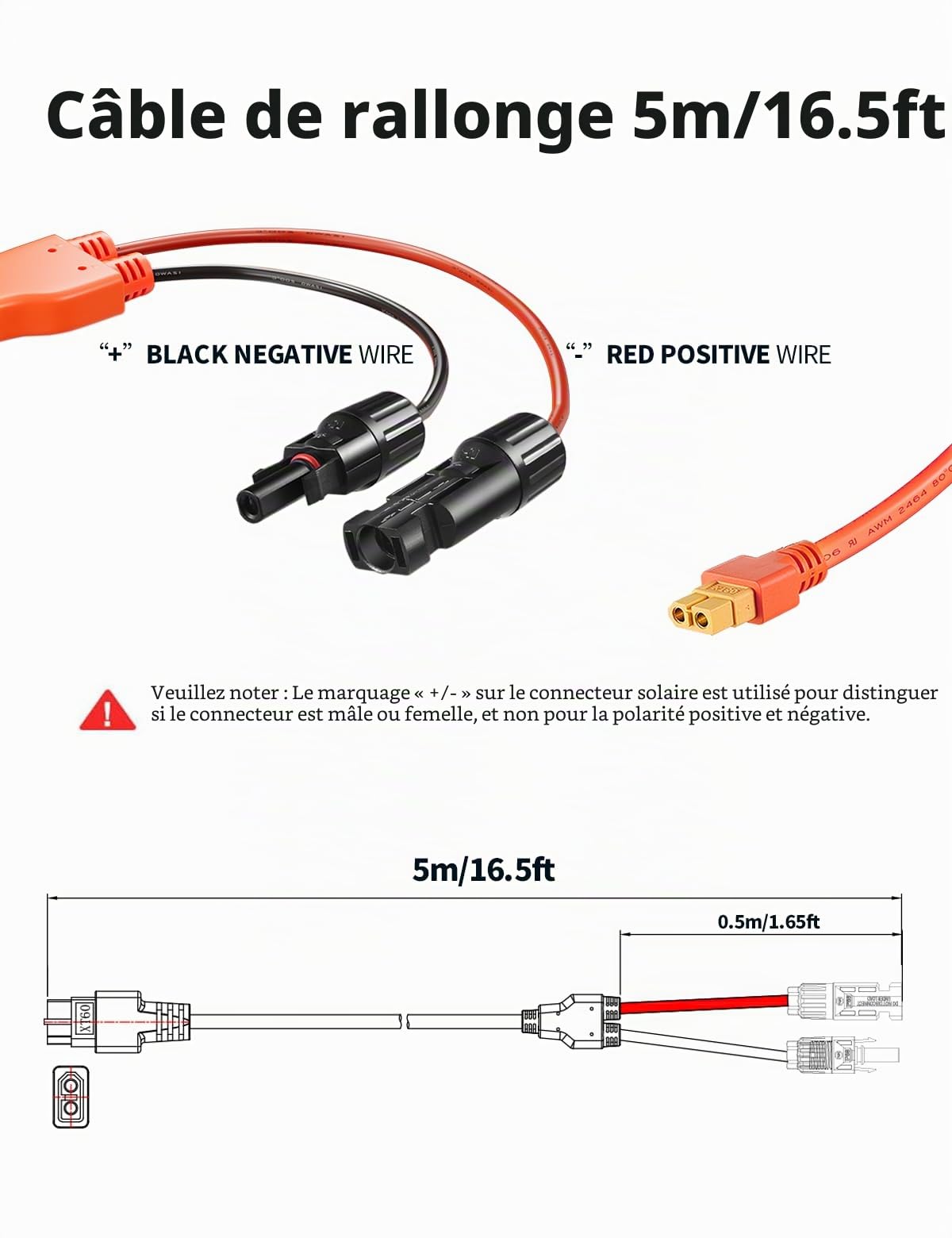 Câble de panneau solaire vers fiche XT60, 5 m, câble de charge solaire, 12 AWG, compatible avec EF DELTA 2 et River Pro MAX Powerstation 757, générateur solaire, panneau solaire (5 m)