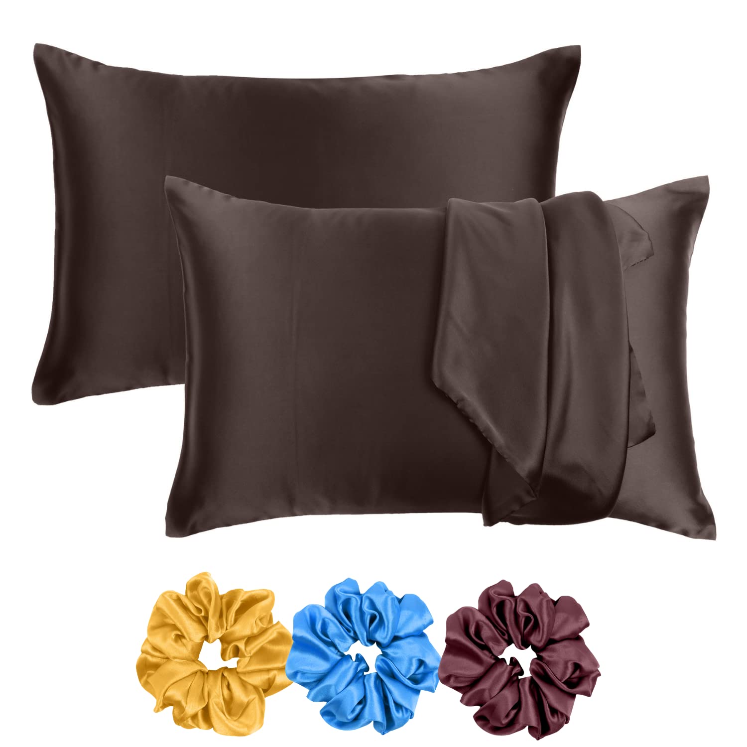 Riara Satin Silk Pillowcase Pillow Case Covers with Envelop Closure for Hair and Skin Home Bed Decor Set of 2 Pillowcase Free 3 Pc Scrunchie (Regular Size (18"x27"), Brunette Brown)
