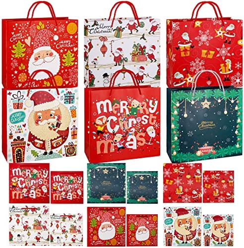 ASHINER Paper Christmas Gift Bags - 18Pack Paper Bag Set with Handles, Reusable Bulk Totes for Wrapping Holiday Xmas Party Birthday Gifts (Large 30.5x27x12cm, Medium 20x20x8cm, Small 15x14x7cm)