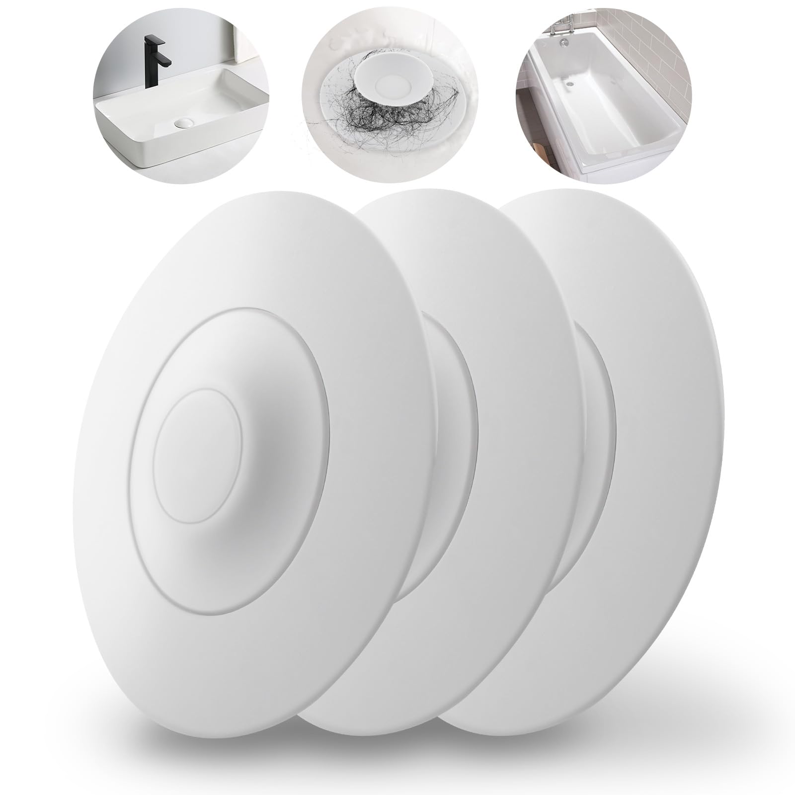 HUAERSICO Tapón de Drenaje Universal 3 Piezas - Suave Tapon Bañera Silicona - Tapón de Lavabo Universal a Presión con Filtro de Comida y Pelo para Lavabos, Fregaderos y Bañeras