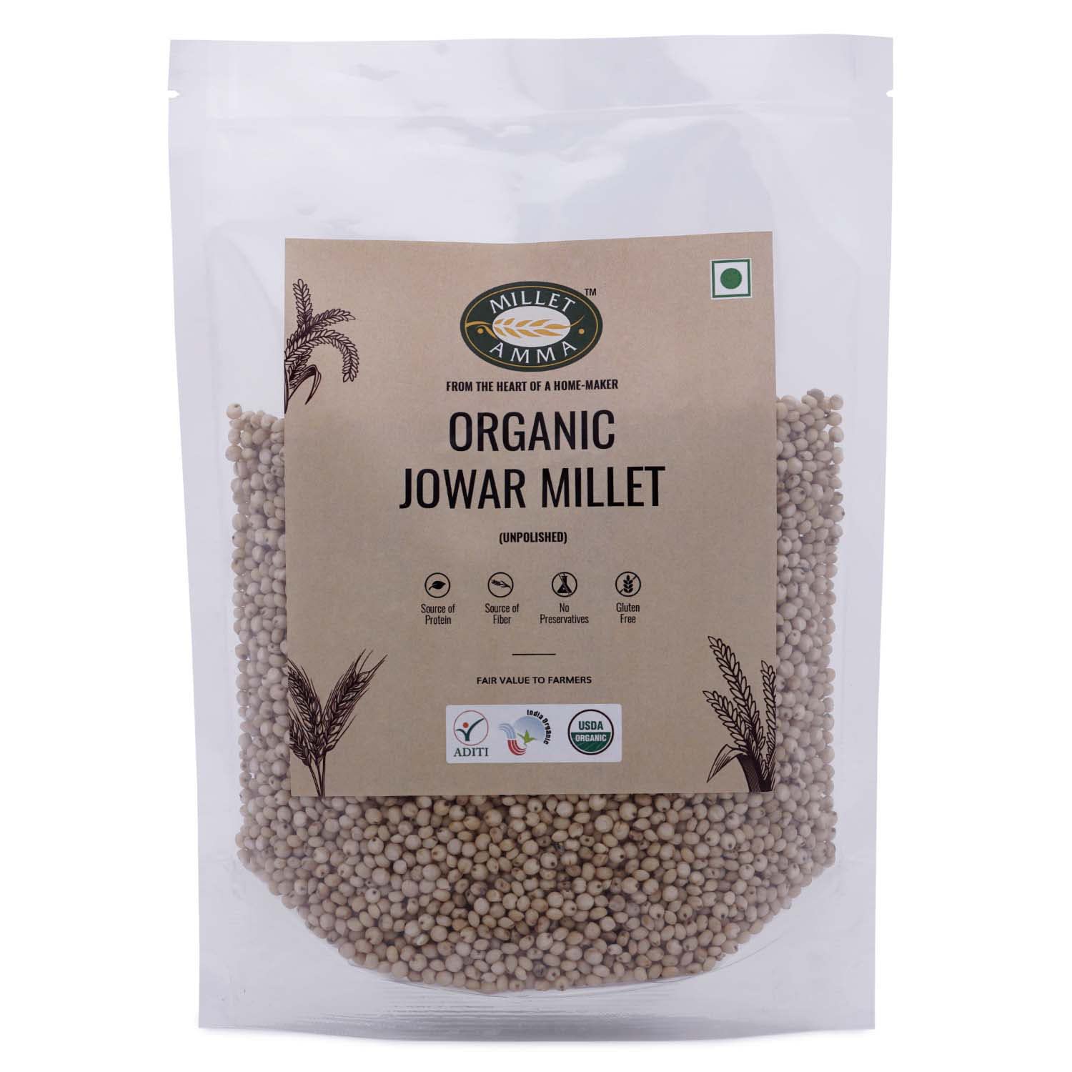 Millet Amma CERTIFIED ORGANIC Jowar Millet - 2 Kg (500g x 4 Packs) | Unpolished Millet Grains | ( Sorghum , Jonna , Jola , Cholam ) | Healthy & High Fiber , Gluten Free | Suitable for Multiple Millet Recipes | 100% Vegan