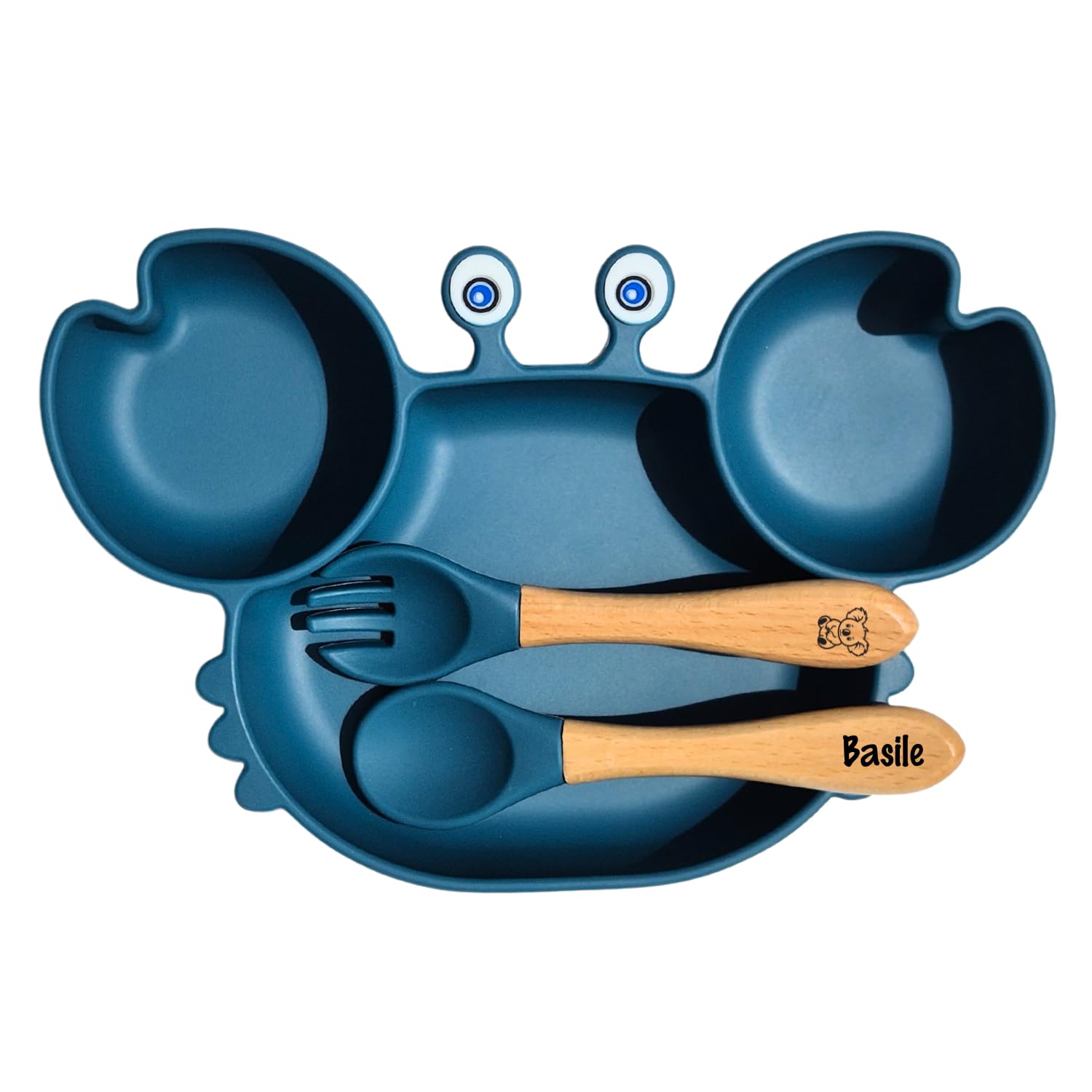Obiboo Set Repas Bébé avec Assiette à Ventouse en silicone et Couverts Personnalisables, Cadeau de Baptême et Naissance Prénom (Bleu marine)