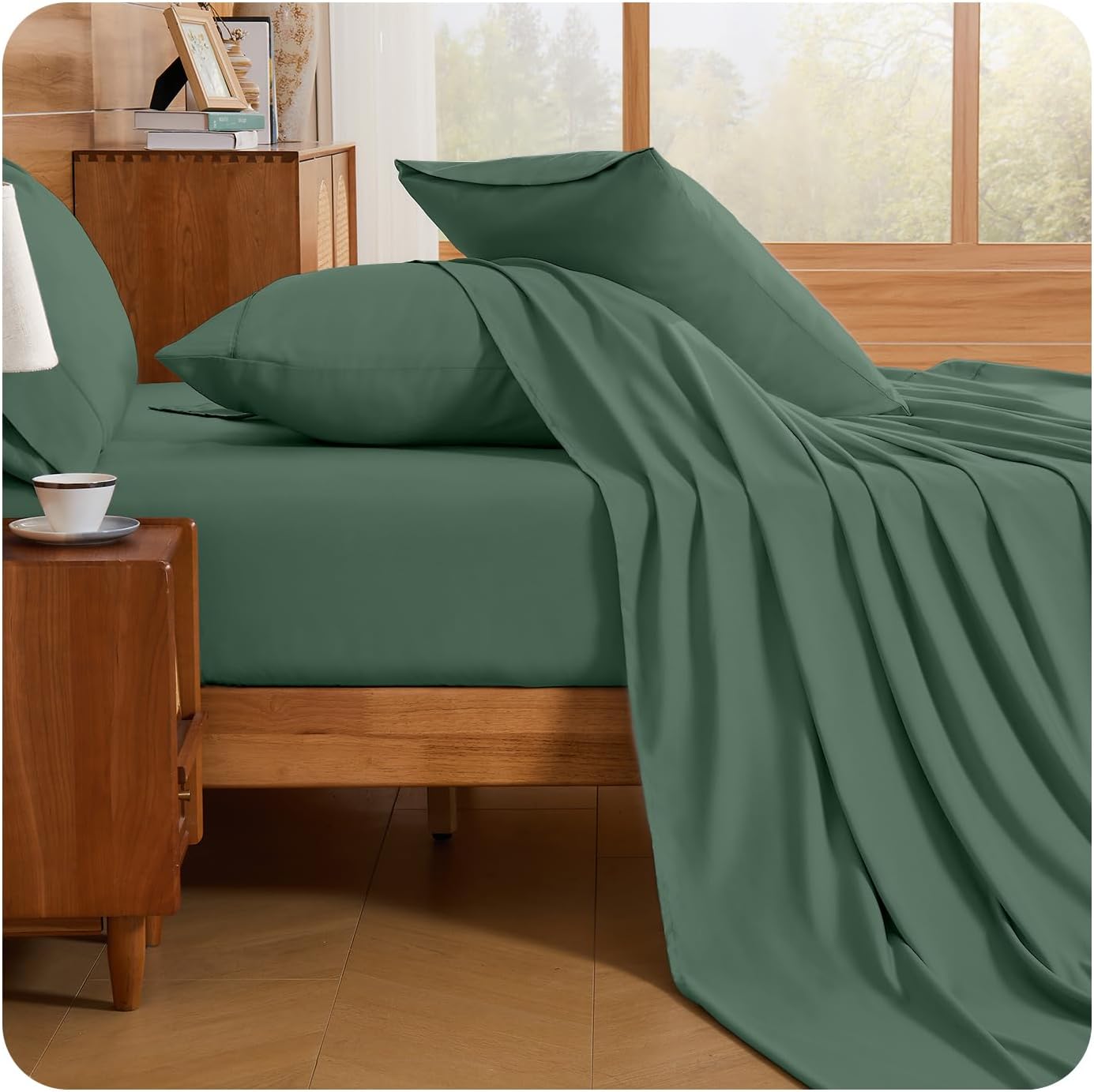 Loyalberry Queen Sheet Set 6-Piece, Moisture-Wicking Cooling Sheets, Ultra-Soft & Breathable with 18″ Deep Pocket, Wrinkle-Free & Durable Bedding, Moss Green, Queen