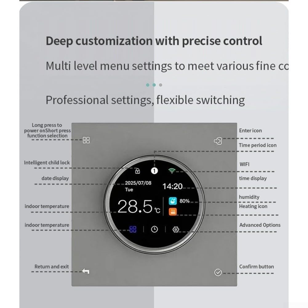 Termostato ambiente WLAN per riscaldamento a pavimento elettrico 3200 W (riscaldamento elettrico 16 A) | per Tuya Smart App, telecomando, carico 16A, display a colori TFT, funzionamento intuitivo tramite manopola