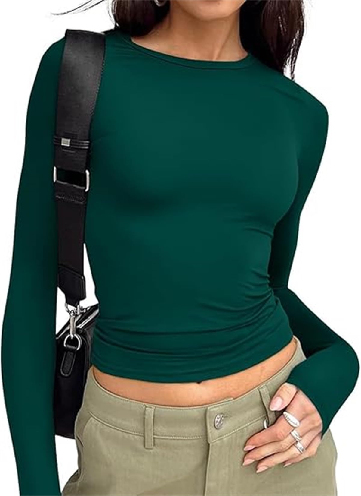Women's Casual Crop Tops Slim Fit Top Crew Neck Long Sleeve Tight T-Shirt Basic Blouse Tee Tops