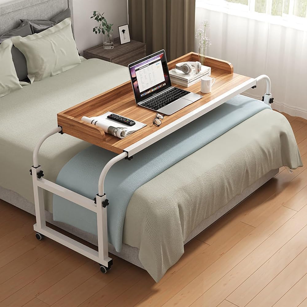 Mesa médica, Mesa Auxiliar para Cama, Escritorio móvil para enfermería, portátil, Altura Ajustable, con Ruedas, para Uso doméstico y hospitalario (Color: Madera)