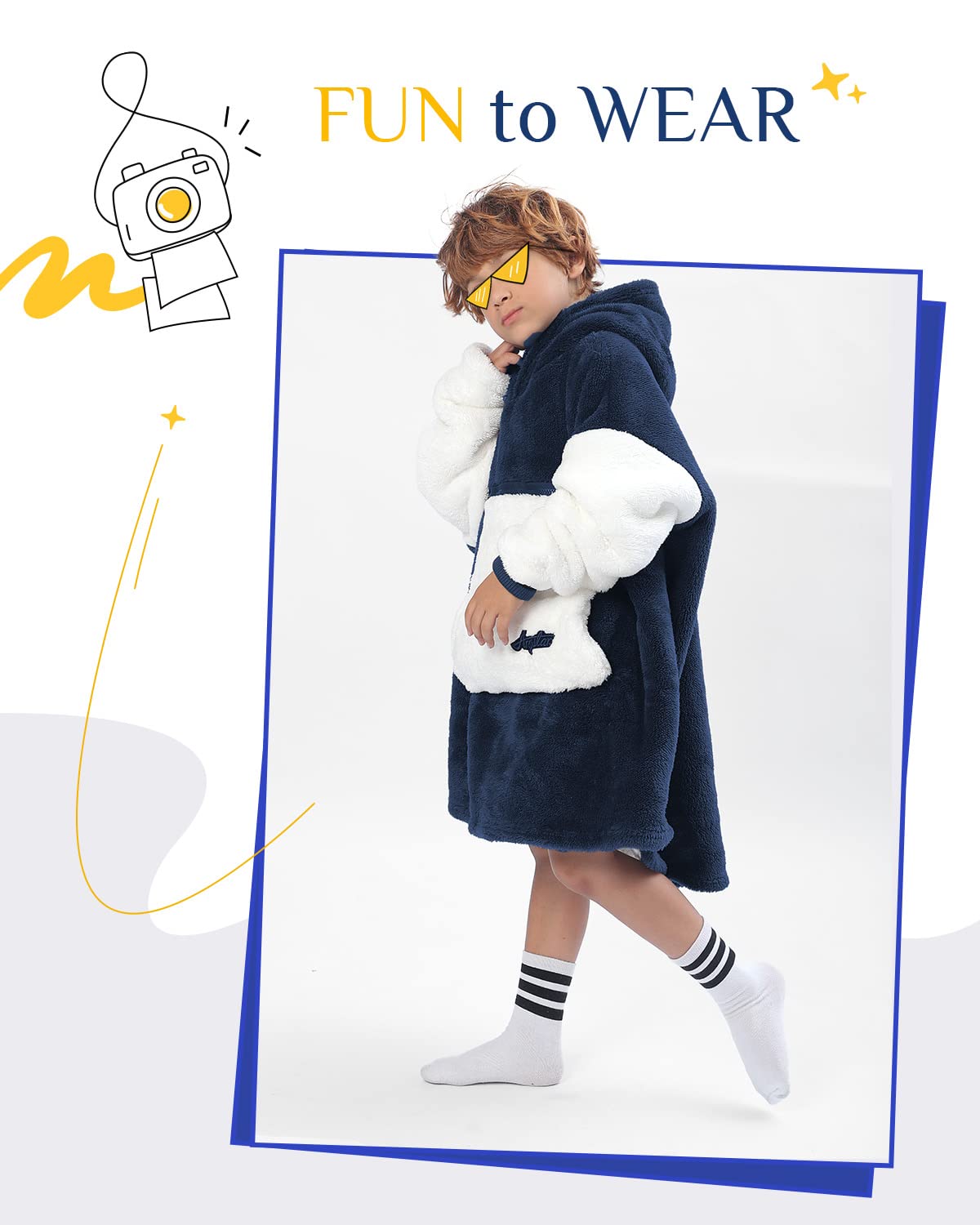 Argstar Übergroße Hoodie decke Kinder, tragbare Decken Hoodie für Mädchen Junge, weiche Kapuzendecke, kuschelige Sherpa-Decke, warmes Hoodie mit Tasche und Ärmeln, Navy blau