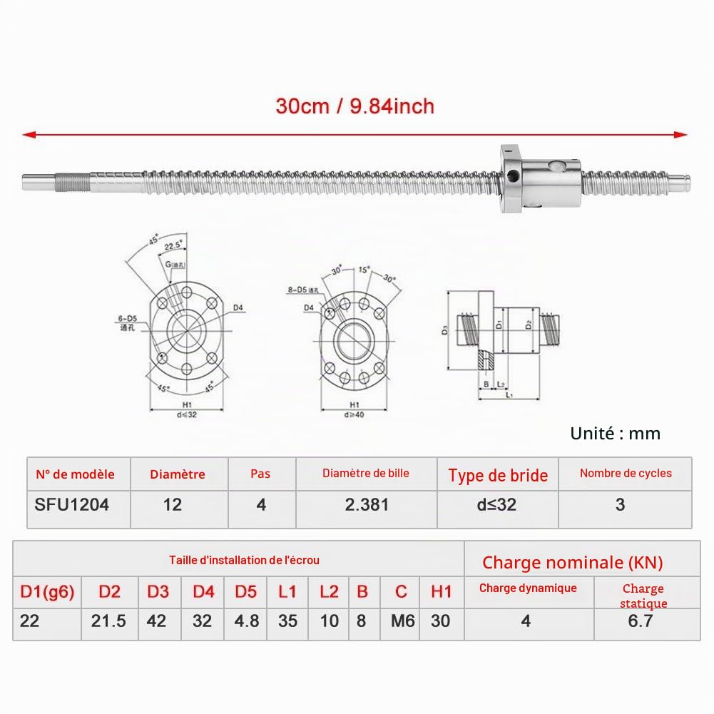 SFU1204 Vis À Billes Roulee Sans Supports Anti Backlash Longueur 300mm Diamètre De Vis 12mm Pour Machines Cnc Et Imprimantes 3D