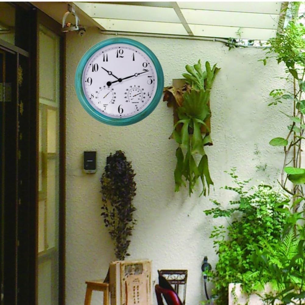 Reloj de pared para exteriores de 15 pulgadas, resistente a la intemperie, termómetro higrómetro de plástico verde, esfera grande