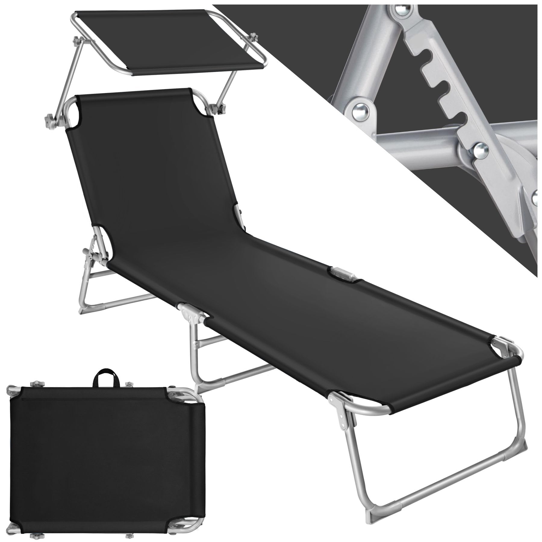tectake® Lettino a Sdraio per Prendere Il Sole con L'Ombrello Parasole 190cm, Lettino Pieghevole, Sdraio da Spiaggia, Lettino da Sole, Sdraio da giardino, Arredamento Terrazzo Balcone- nero