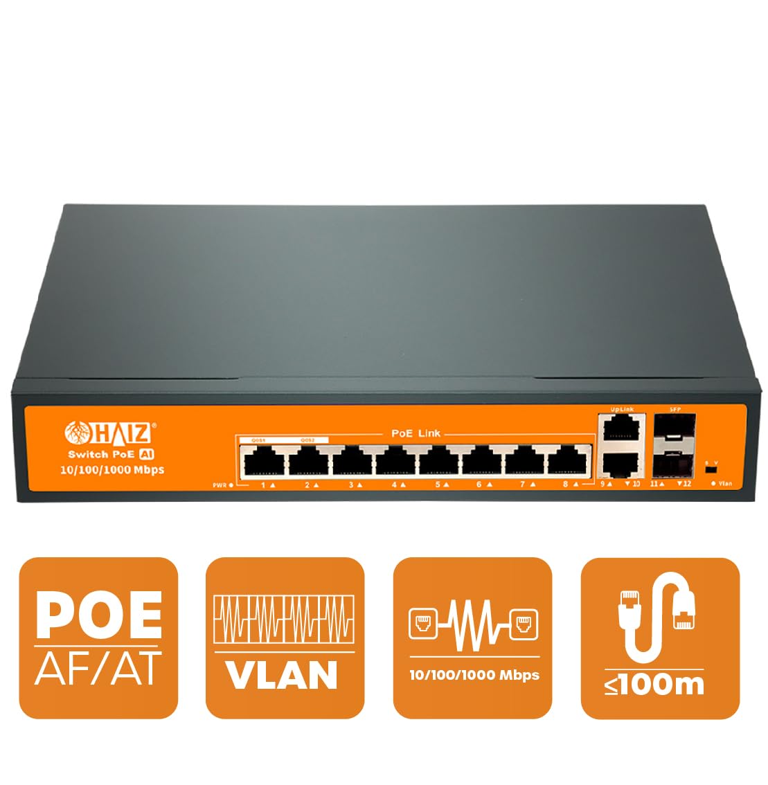 【IRIS】switch2 Switch Gigabit Haiz com 8 Portas POE 2 Uplink 2 Sfp 10/100