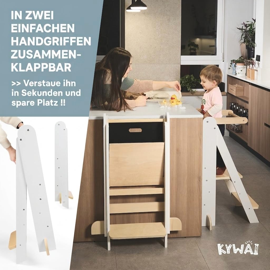 Lernturm ab 1 Jahr Klappbar, Lernturm Klappbar mit 2 Höhen, Abnehmbarer Tafel, nordisches Design, Kippschutz – FSC-Holz – Marke mit Engagement für globale Wiederaufforstung
