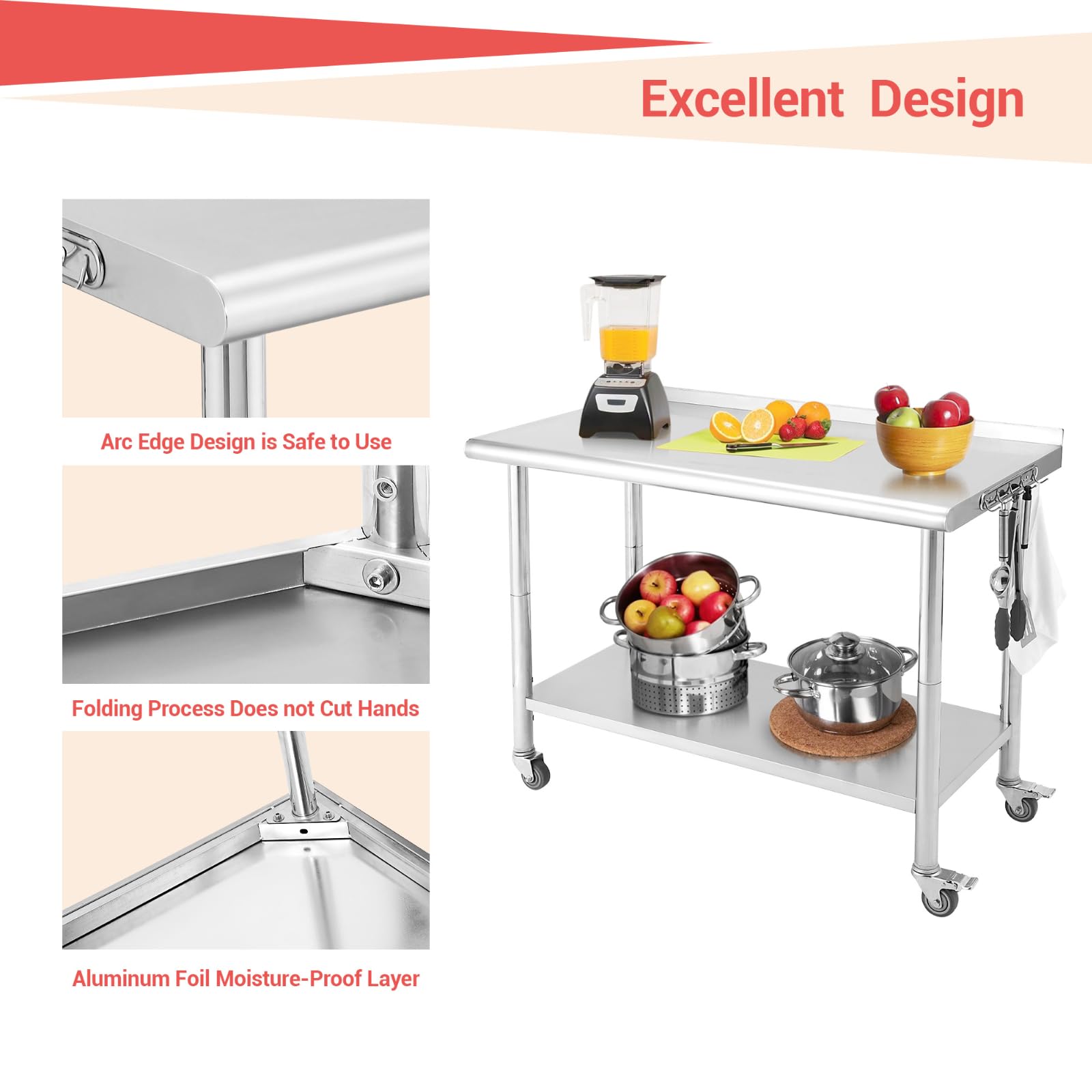 Tavolo da Lavoro in Acciaio Inox 76x61 cm con 4 Ruote, Tavolo da Lavoro e Preparazione per cucine Commerciali Certificato NSF con ripiano Inferiore e Gambe zincate per ristoranti, Bar, ripos