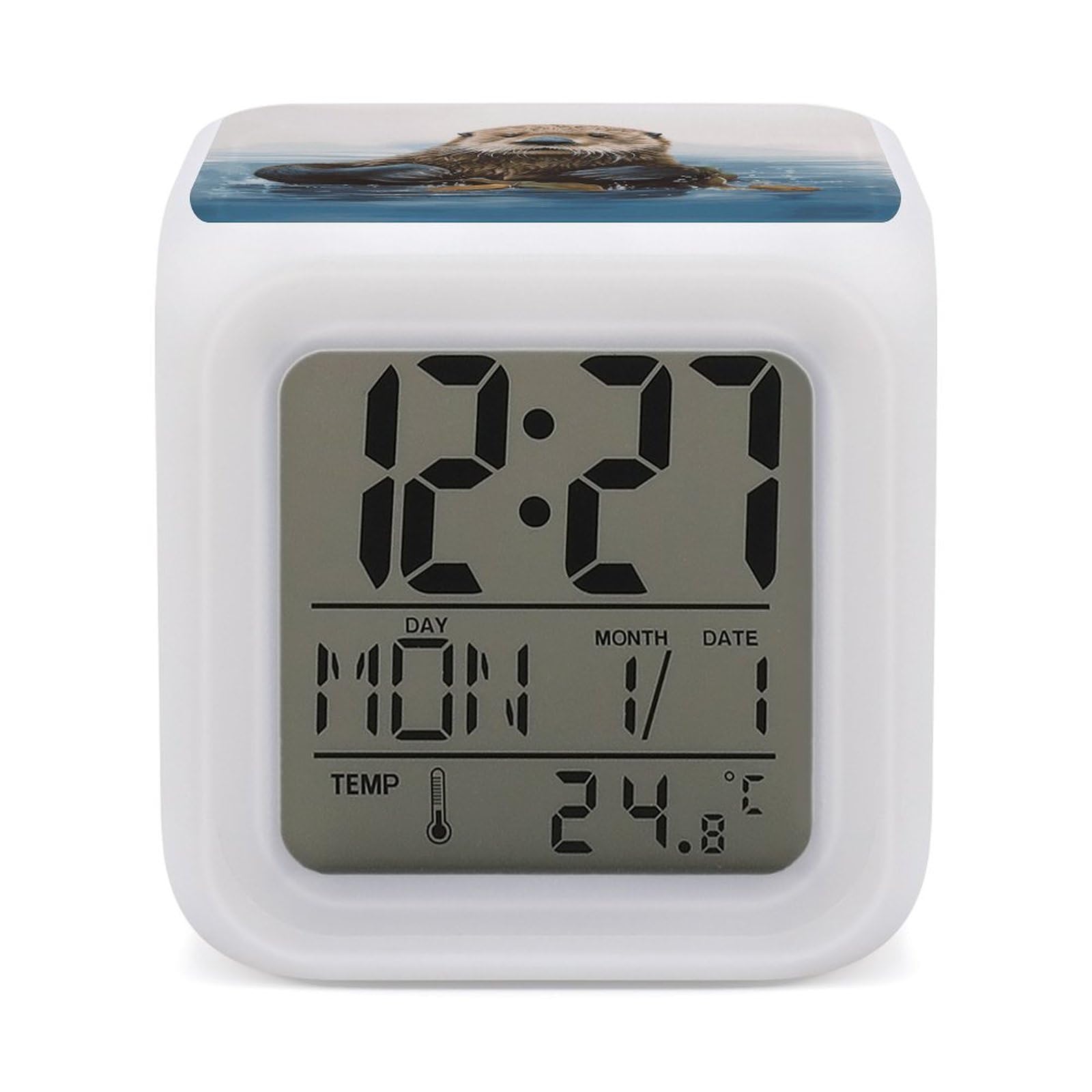 FekiLoot Sea Otter Alarm Clock for Heavy Sleepers Small Digital Alarm Clock with Date Temperature Wake Up Digital Clocks with 7 Colors Changing Desk Clocks for Bedroom Bedside Nightstand