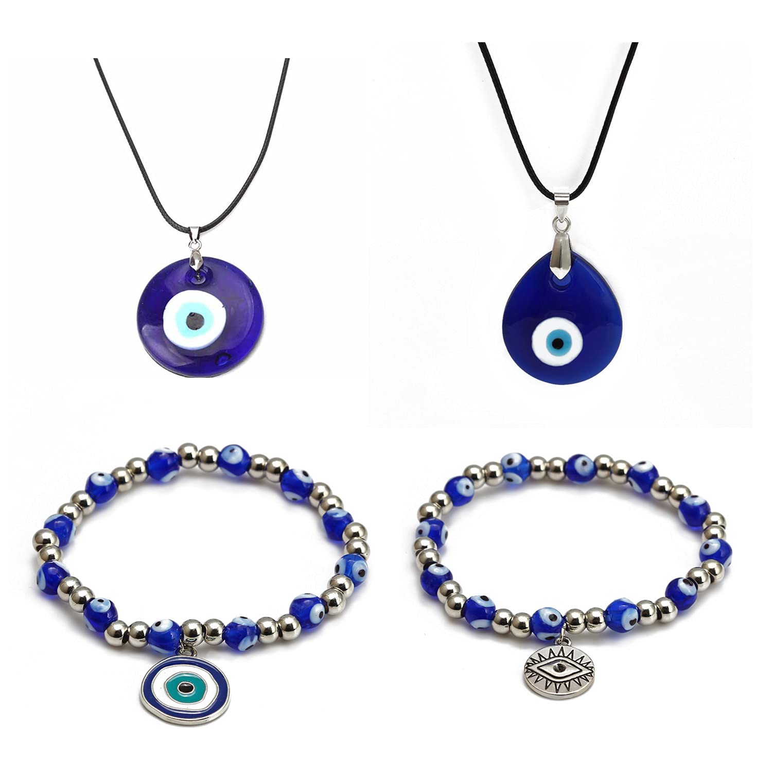 HMT4Pcs/Set Evil Eye Necklace Evil Eye Bead Bracelet Set Evil Eye Pendant Necklace Glass Leather Rope Chain Turkish Protact Lucky Necklace for Women Men