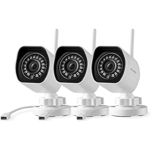Zmodo 1080p Outdoor Wireless Camera, 3 Pack Indoor Outside WiFi Cameras, IR Night Vision, Motion Detection, Remote View, Easy Setup, White, Plug-In, Compatible with Alexa 3 Count