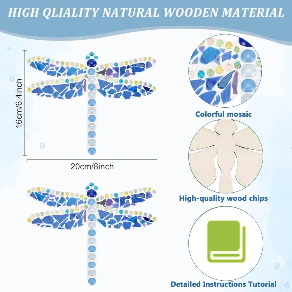 WEBEEDY 2 Sets DIY Mosaic Dragonfly Kit Creativity Dragonfly Mosaics Coaster with Wooden Bases,Glass Mosaic Tiles,Ribbon and Instruction for Adult Beginner Animal Home Hanging Wall Decor - Image 3
