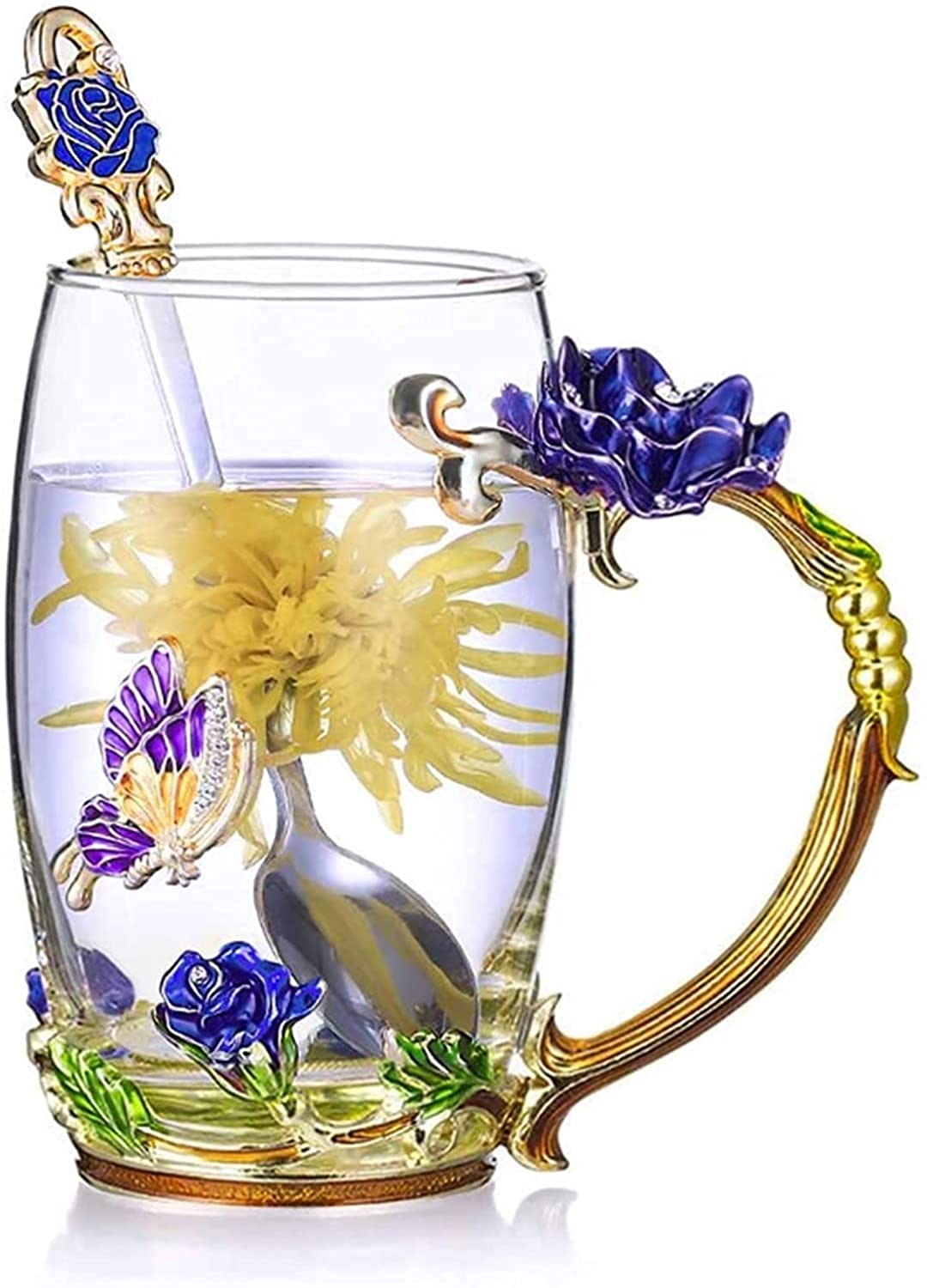 Kaffeetassen aus Glas mit Blumenmotiv, Emaille-Glastasse, Emaille-Blumen-Teeglas, Kaffeetasse, Glastasse, Teetasse aus blauem Rosen-Emaille-Kristall, Kaffeetassen aus Glas mit Blumenmotiv, Schmetterli