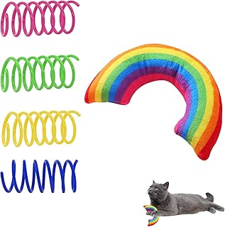Andiker Catnip Toy&4pcs Cat Spring Toys, Colorful Plush Rainbow Pet Pillow, Cat Chew Toy for Kitten Scratch, Bite and Hug, Interactive Cat Toy for Indoor Cats to Smooth Mood and Relax (Darker)