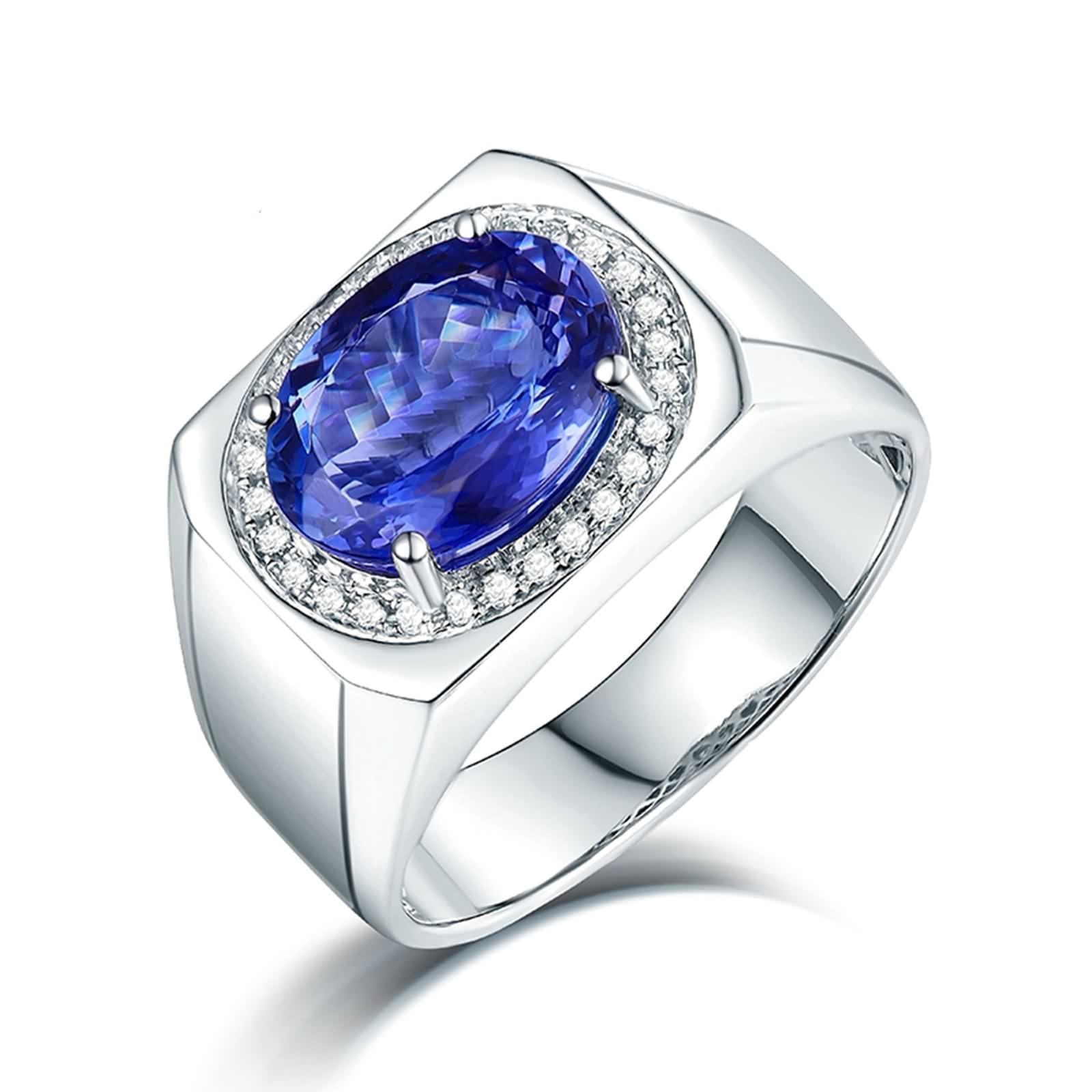 Dsnyu Tanzanite Rings for Men, Wedding Bands 18K White Gold Oval Shape Rectangle Halo with Jewelry Box