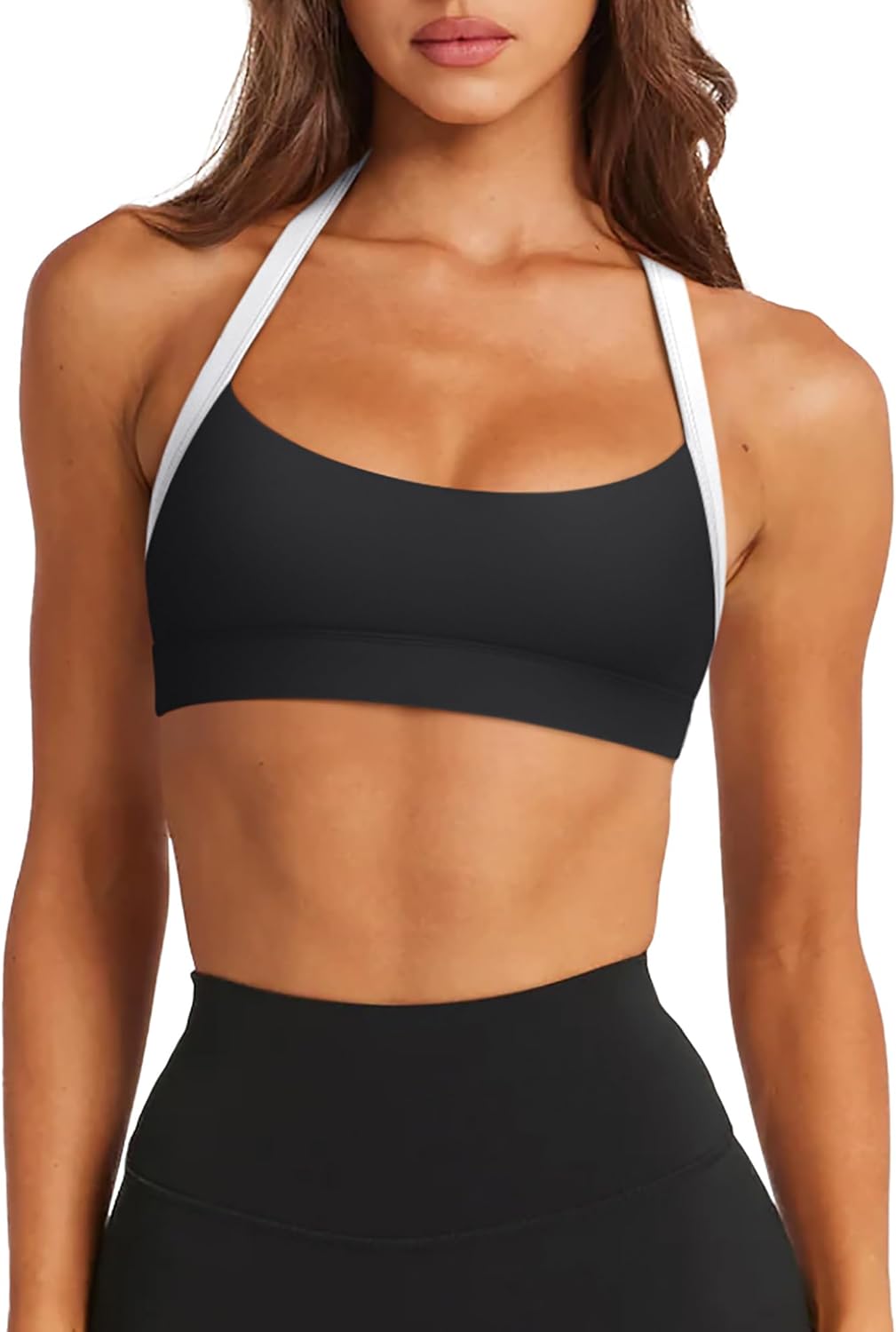 LASLULU Halter Sports Bras for Women Scoop Neck Workout Tops Padded Sleeveless Open Back Yoga Crop Gym Tank Tops