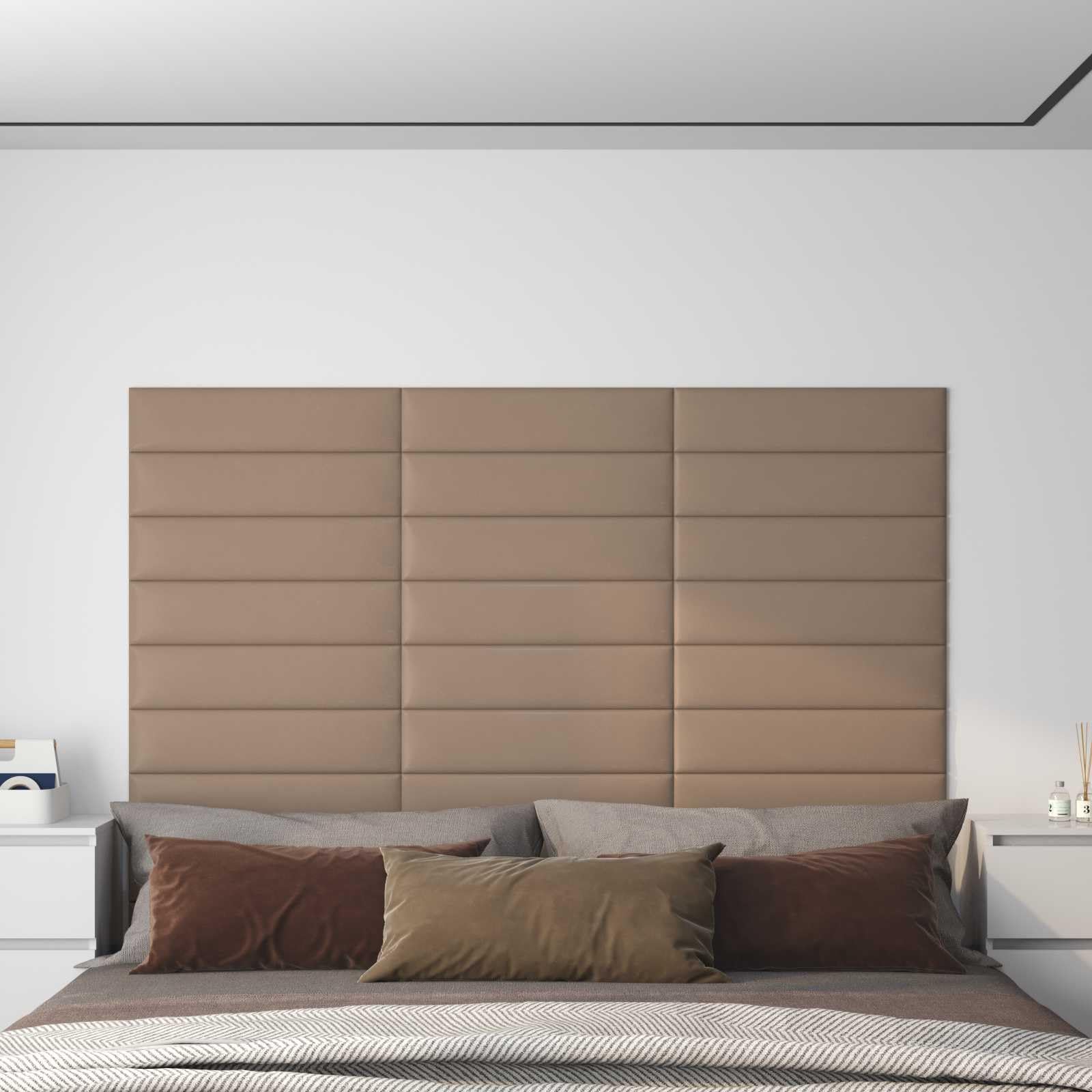 Juego de 12 cabezales de pared de 60 x 15 cm, tejido capuchino, revestimiento de pared para dormitorio, interior, decoración moderna, base de madera, fácil montaje