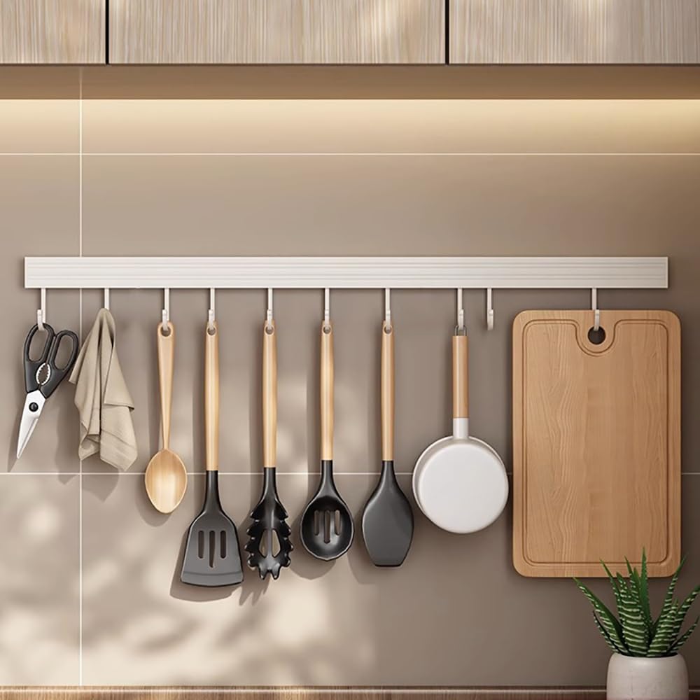 XYAGYUND Hanging Pot Rack, Kitchen Utensils Holder Utensil Rack Pot and Pan Hanging, Rod Hooks & Racks, Wall Mounted Rail Organizer(with 10 Hooks 50cm)