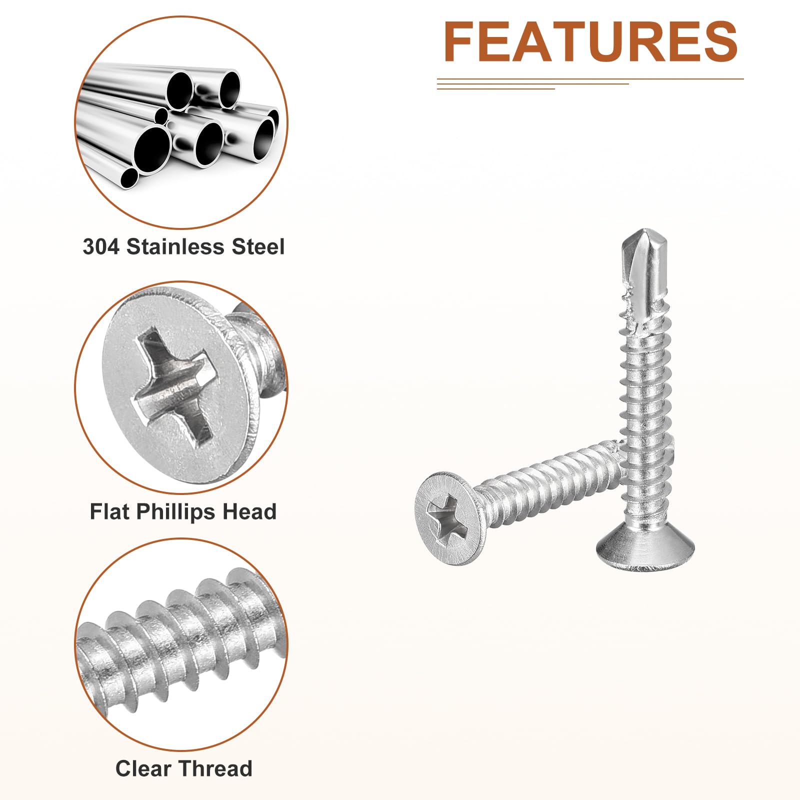 DTGN 100Pcs ST4.8x32mm Self Drilling Screws, 304 Stainless Steel Flat Head Phillips Sheet Metal Screw - Image 4