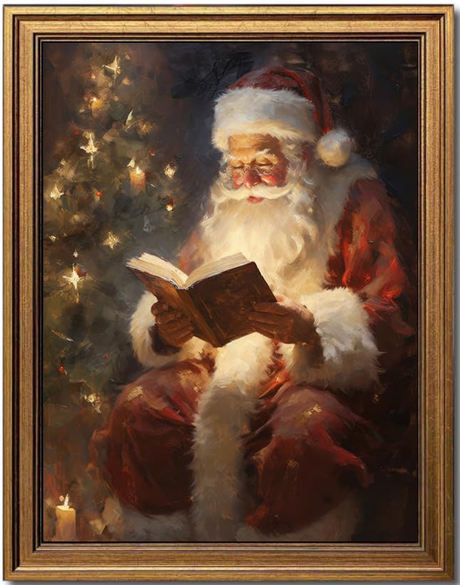KBKBART Christmas Wall Art, Vintage Gold Framed Canvas Wall Art Prints Posters Decor, Santa Reading Book Rustic Oil Painting for Winter Room Art Decor, Holiday Decoration Gifts for Bedroom(8'x10')