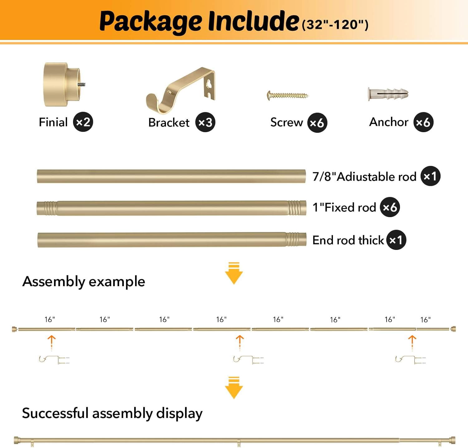 GEEBOBO 2 Pack Gold Curtain Rods for Windows 66 to 120 Inch, 1 Inch Adjustable Heavy Duty Decorative Curtain Rods, W1 (Gold, 32"-120",2 Pack)