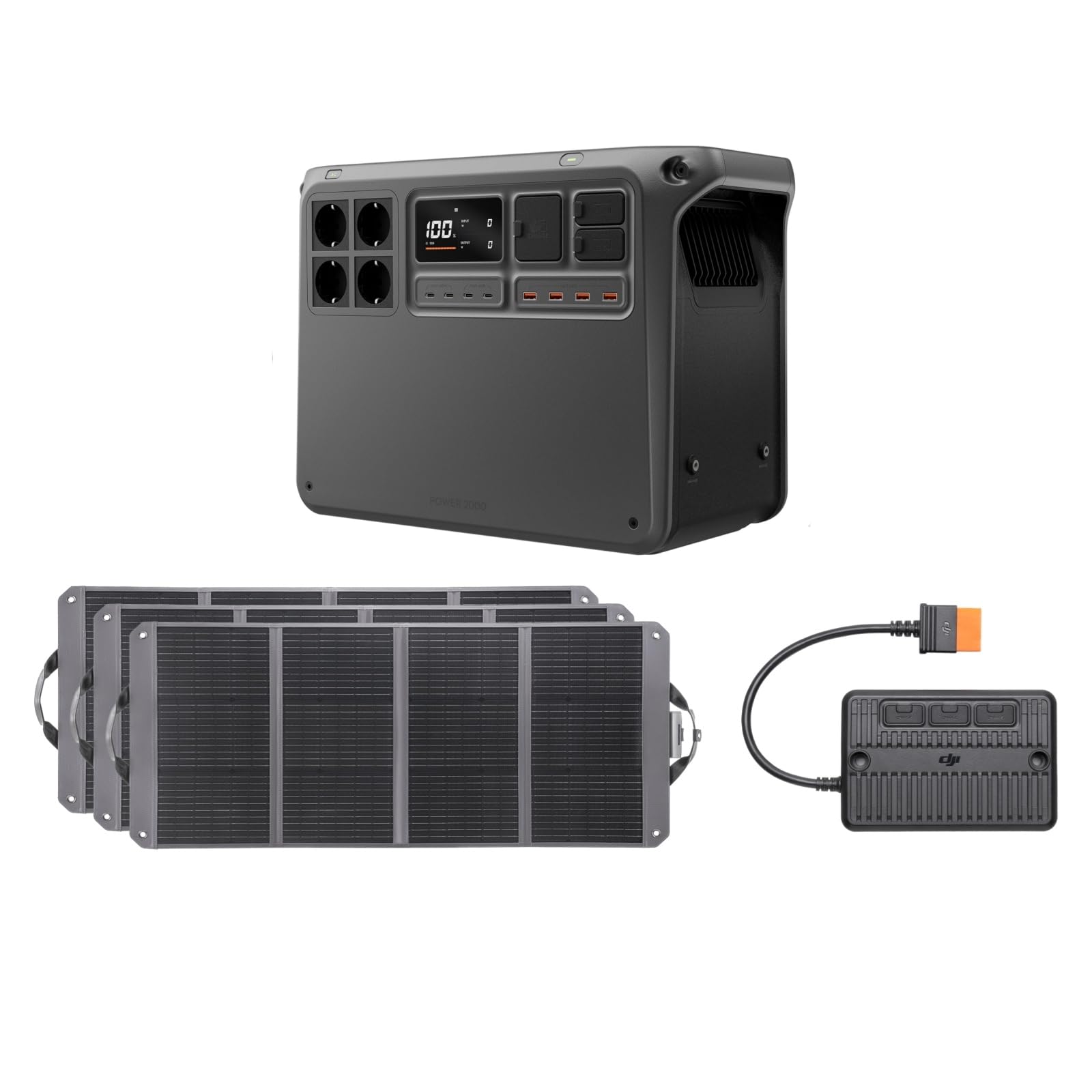 DJI Power 2000 Power Station portatile 2048 Wh, generatore solare da 3000 W con 3 pannelli solari da 120 W (zignes), 1 controller MPPT, unità di emergenza per casa, campeggio/camper.