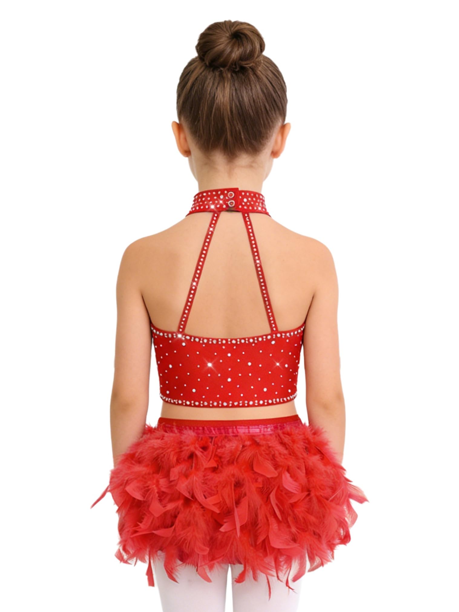 renvena Vestito da Ballo Latino Americano Bambina Strass Crop Top Danza Classica Moterna Canotta e Gonna con Piume Abito da Ballo Lirico Contemporaneo