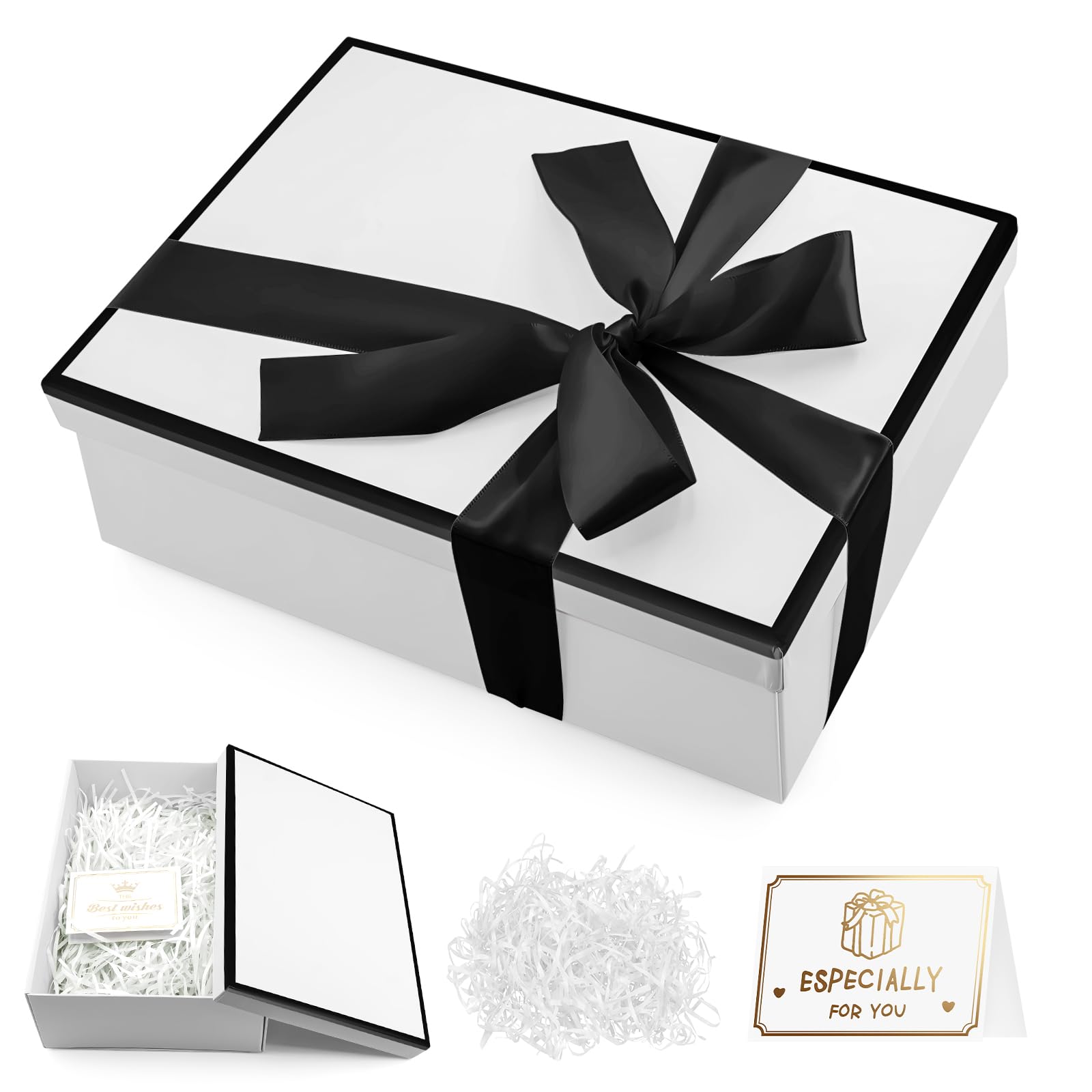 White Gift Box with Lid, Premium Present Box with Shredded Paper Ribbon Greeting Card Medium Gift Box for Weddings, Birthdays, Anniversaries, 25x18x8.5cm (White)